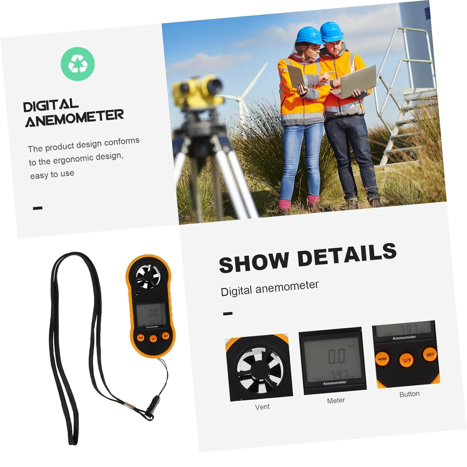 Digital Handheld Anemometer Wind Speed Meter Temperature Measurement and Backlight Screen Display for Air Flow Velocity and Wind Velocity Measurement image number 2