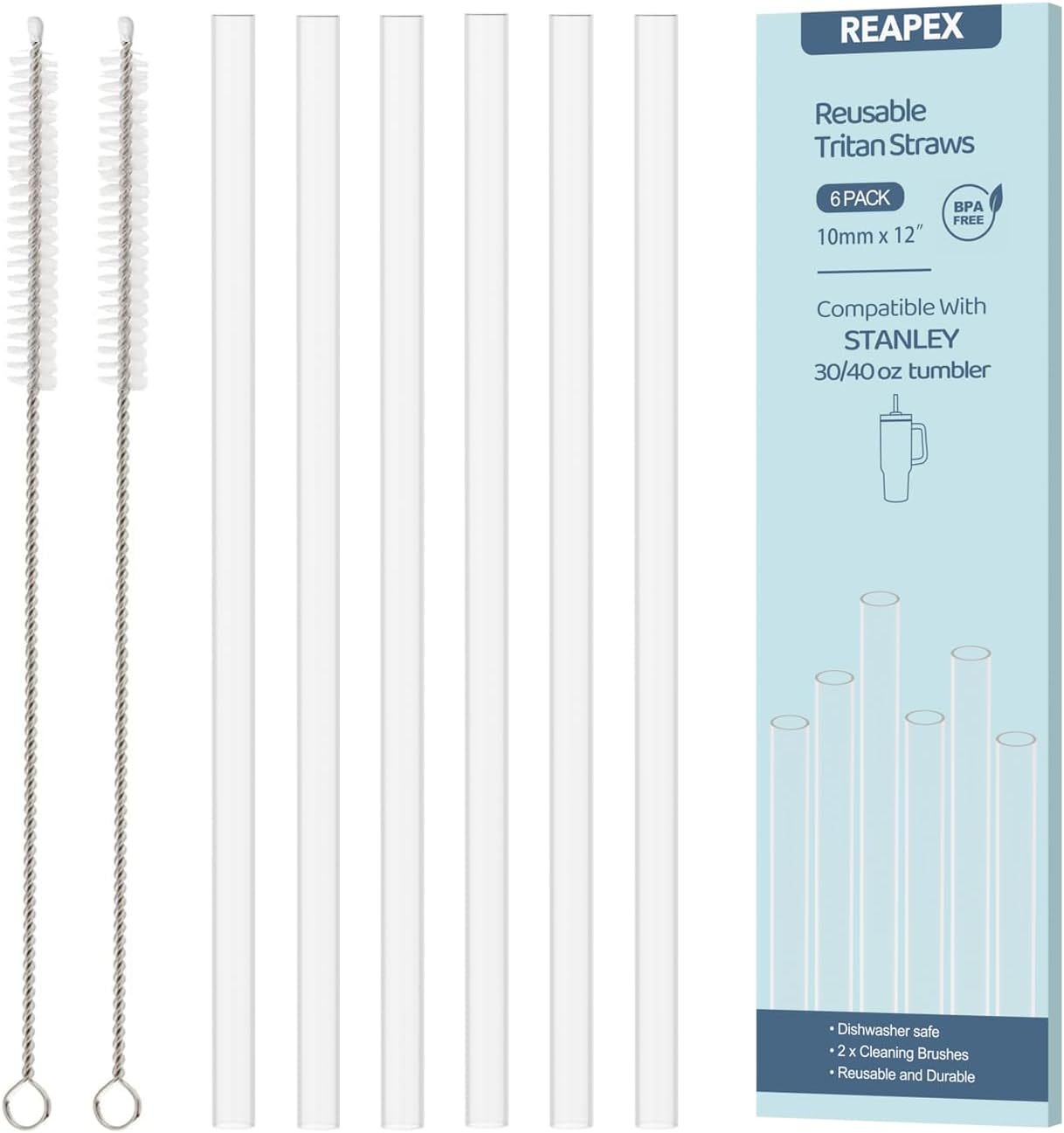 6 Pack Replacement Straws Compatible with Stanley 40 Oz 30 Oz Cup Tumblers, Reusable Long Thick Transparent Plastic Straw with 2 Cleaning Brushes, Easy to Clean, Food Grade & BPA Free (Round Shaped)
