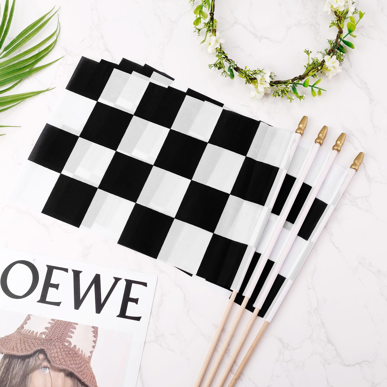 4Pcs Checkered Stick Flags, 11X7.87In Racing Flags with round Spear Top Reusable Black and White Double Sided Printing Racer Flag for NASCAR Race Car Party Sport Events Decorations Supplies