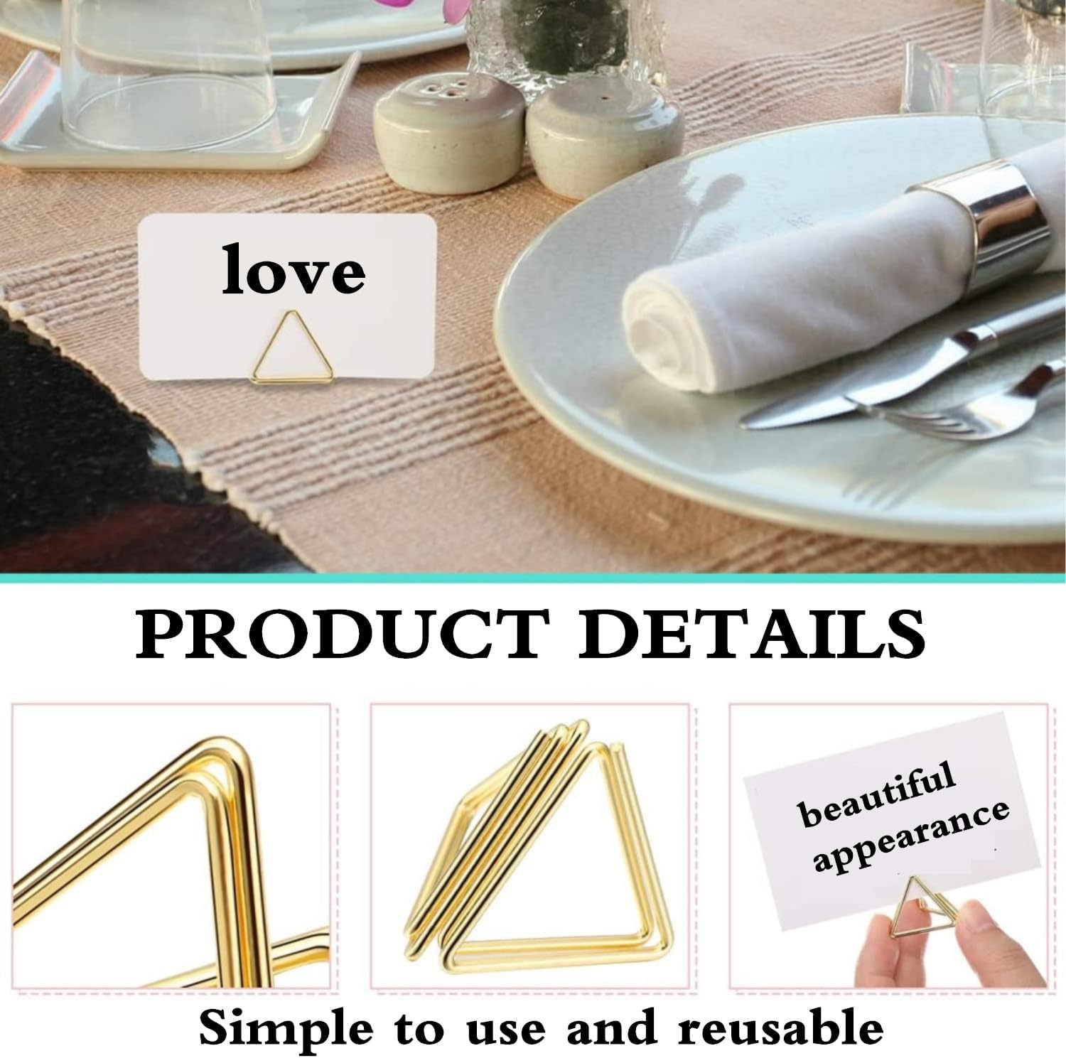 40 Pcs Mini Place Card Holders, Triangle Shape Wedding Table Number Holders Golden Photo Holder, Table Number Holder Memo Clip Picture Photo Holder image number 2