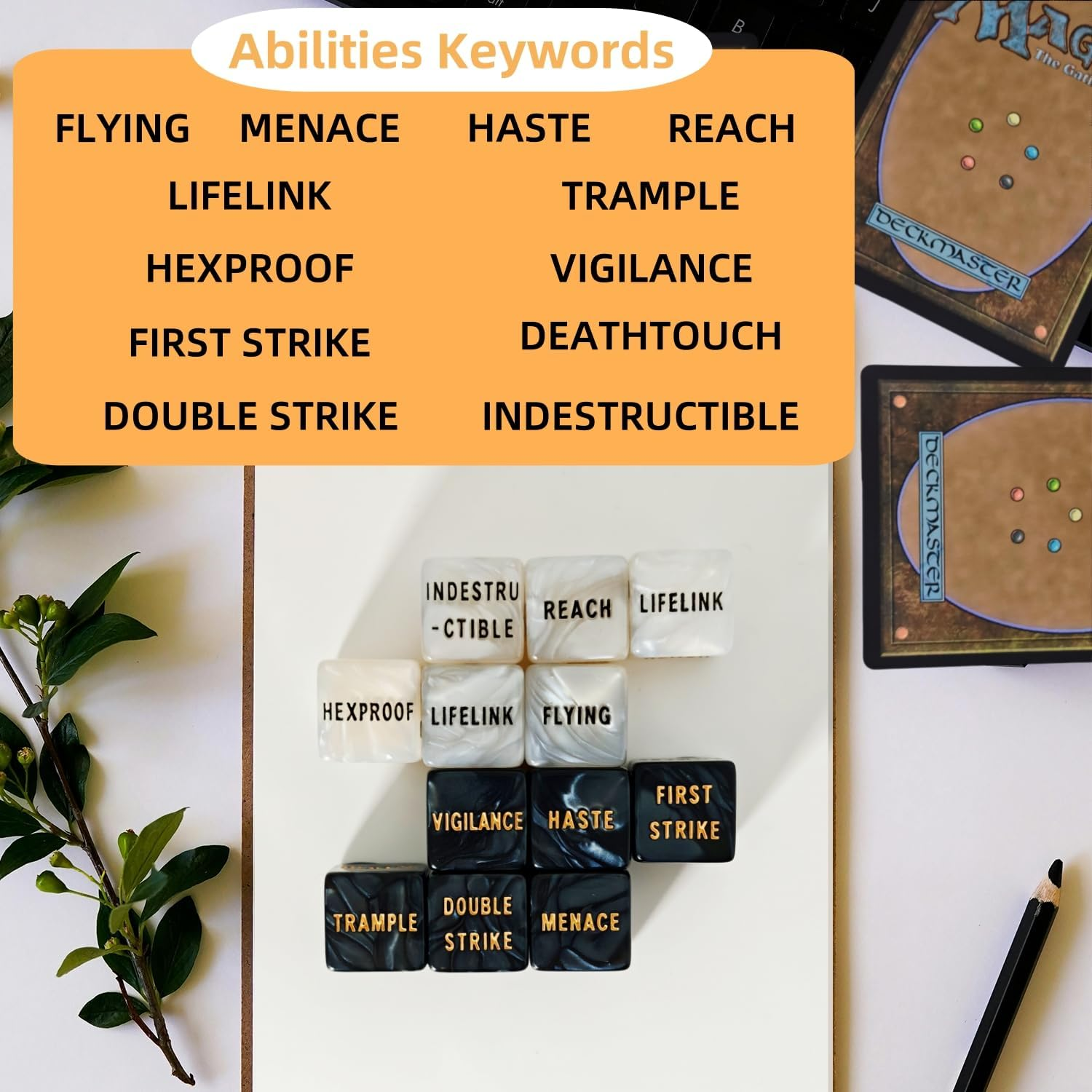 63 PCS MTG Counter Dice Set - Abilitykeyword Counters, -1/+1 Life, Shield Life Counter Dice, Creature Stat Buffs, Marble Colour D6 Cube Dice, for MTG, TCG, Card Games (Includes Black Bag) image number 5