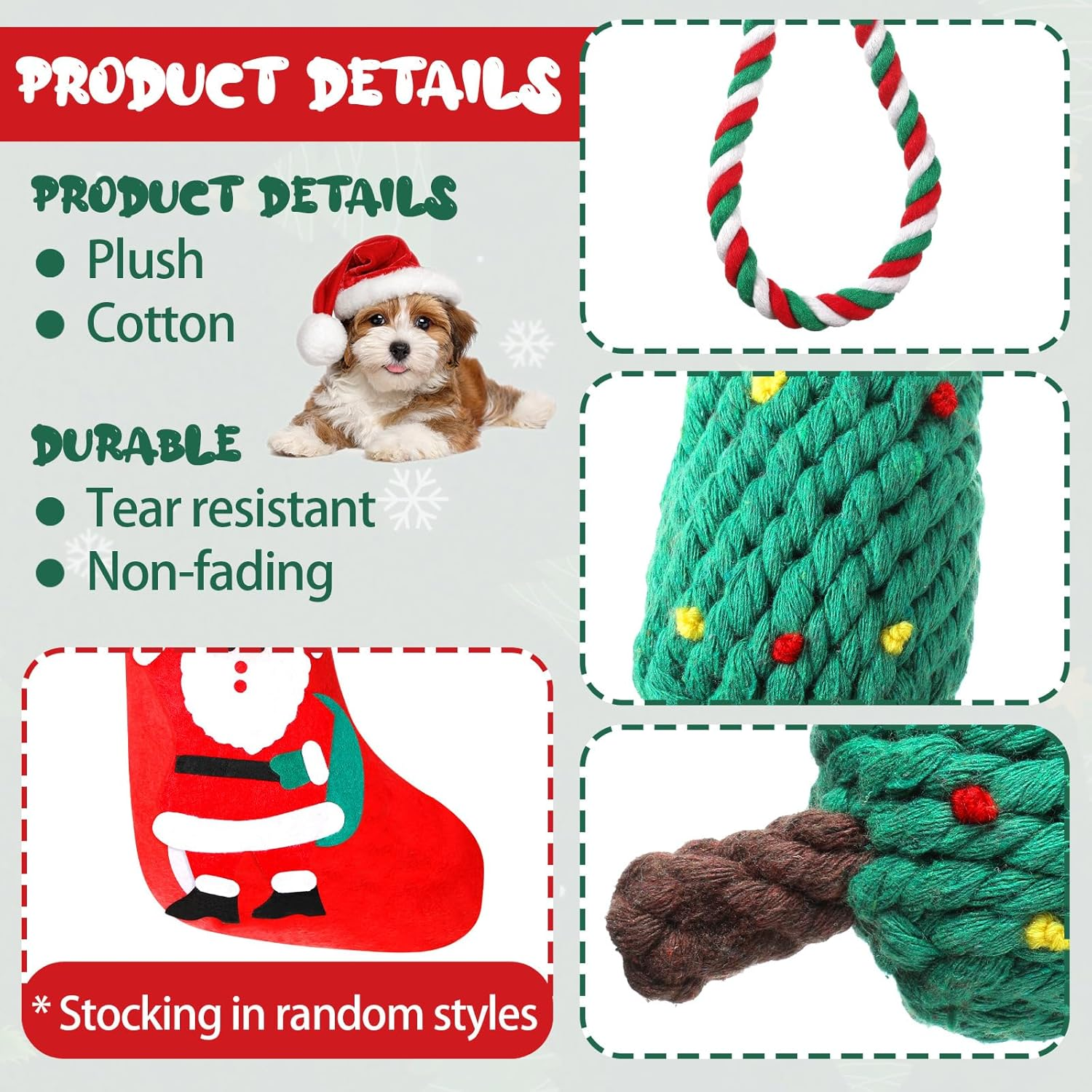 Xuniea 6 Pcs Christmas Dog Chew Toys Dog Rope Toys Pet Chew Training Toys Candy Cane Bone Tree Shape Knotted Ropes Assorted Styles for Small Medium Large Dog Puppy Pet Christmas Favors (Cute) image number 6