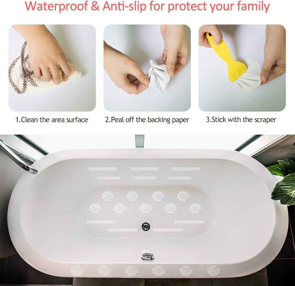 Daily Treasures 48Pcs Non-Slip Bathtub Stickers-24 Sea Shell Bathtub Anti-Slip Stickers+24 Safety Showers Treads Strips with 1 Scraper-Bathtub Grip Stickers for Bathroom Floors Pools Stairs Ladders image number 4