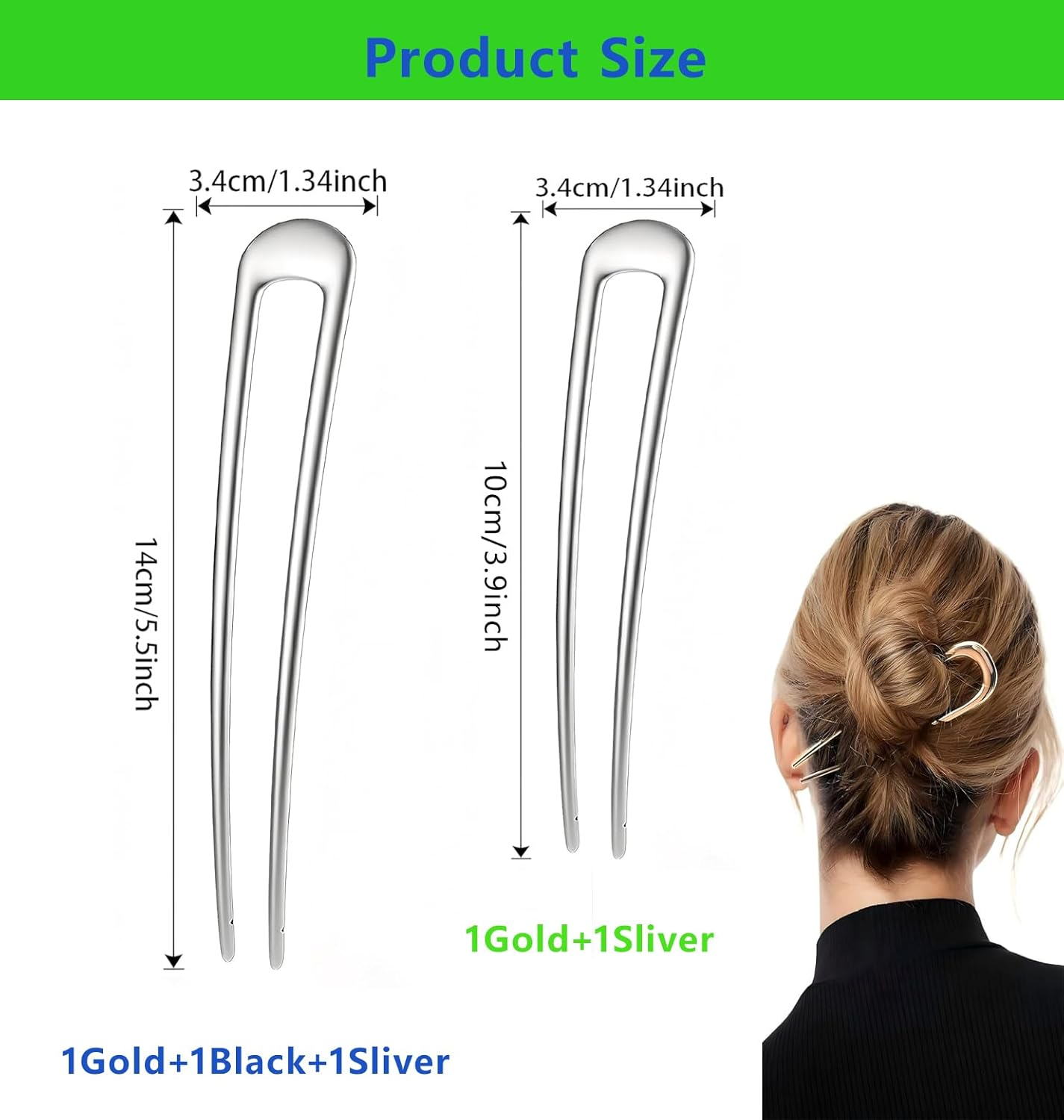 French Hair Pins for Women Girls, Metal U-Shaped Pins for Buns, French Twist Hair Pin, Hair Sticks, Hair Fork 14Cm/10Cm 5 Pcs (Gold/Silver/Black) image number 4