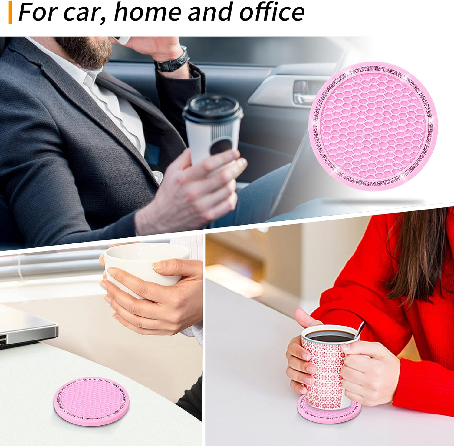Cup Holder Coasters for Car, Senose Rhinestone Car Accessories for Women and Girl, Universal Anti-Slip Silicone Car Coaster, Diamond Vehicle Interior Decorations (Pink-2 Pcs) image number 1