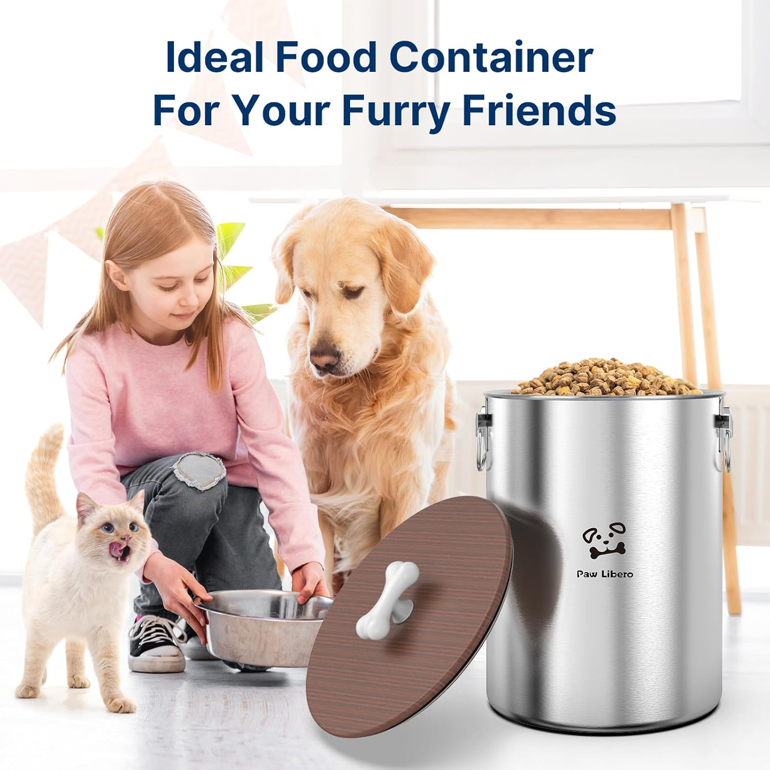 25 Lbs Stainless Steel Dog Food Storage Container with Airtight Wooden Lid & Ceramic Bone Handle, Large Metal Dog Food Bin for Dogs & Cats, Keep Fresh, Easy to Clean