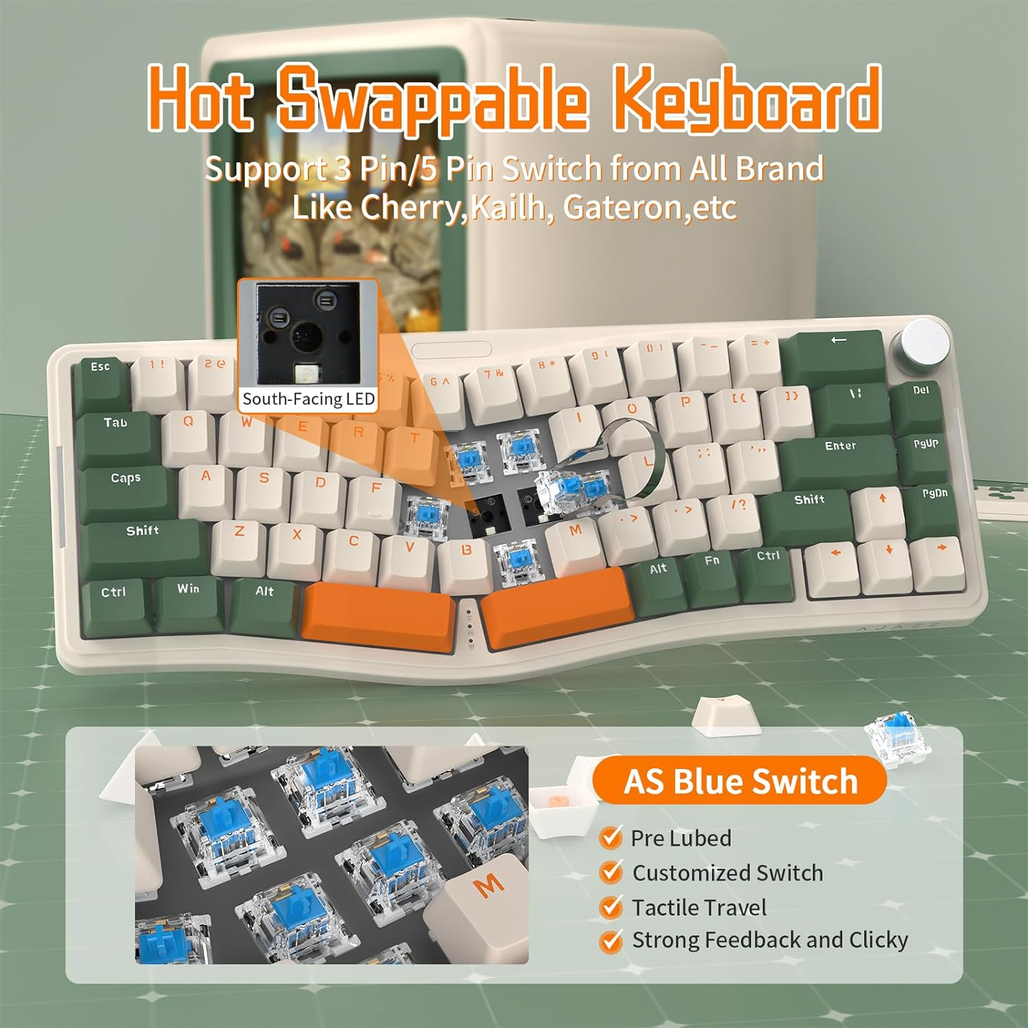 ATTACK SHARK AKS068 Wired Mechanical Gaming Keyboard 65% Alice Layout Hot-Swapped Gasket Mount with RGB Backlit via Programmable Knob NKRO TKL as Pre-Lubed Clicky Blue Switch for Win/Mac(Green) image number 1