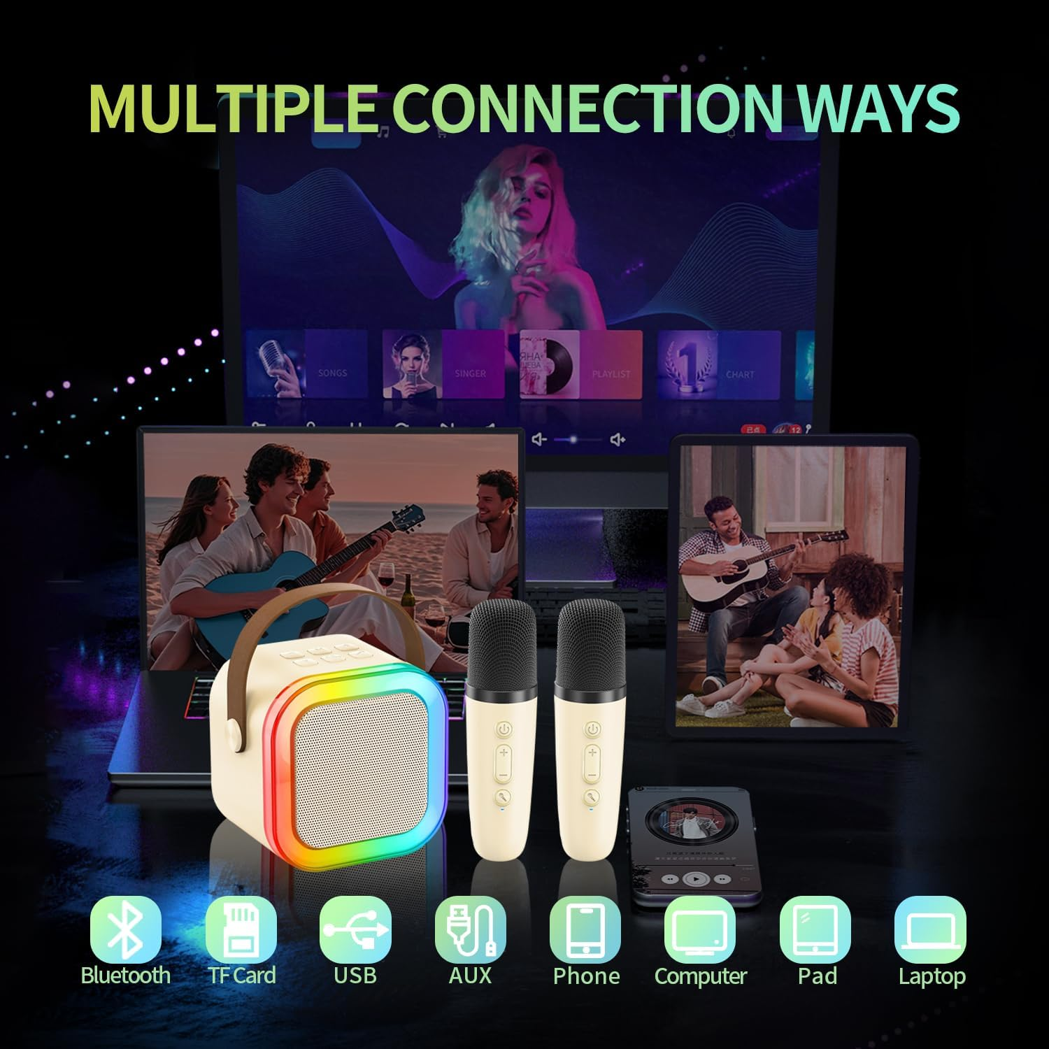 Mini Karaoke Machine for Kids Adults, Portable Bluetooth Karaoke with 2 Wireless Microphones, Home Party Karaoke Speaker Support SD Card/Usb, Birthday Gifts for Girls Boys Friends Age 3-12+ (Beige) image number 1
