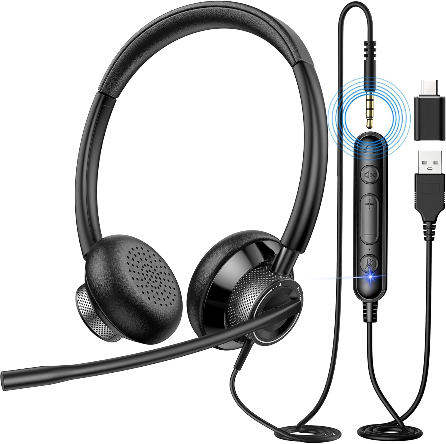 USB Headset New Bee with Microphone Flexible for L/R Side Super Lightweight Computer Headset In-Line Mute Wired Office Headset for PC, Laptop, Skype, Zoom, Call Center, Meetings, Webinar, Home image number 2