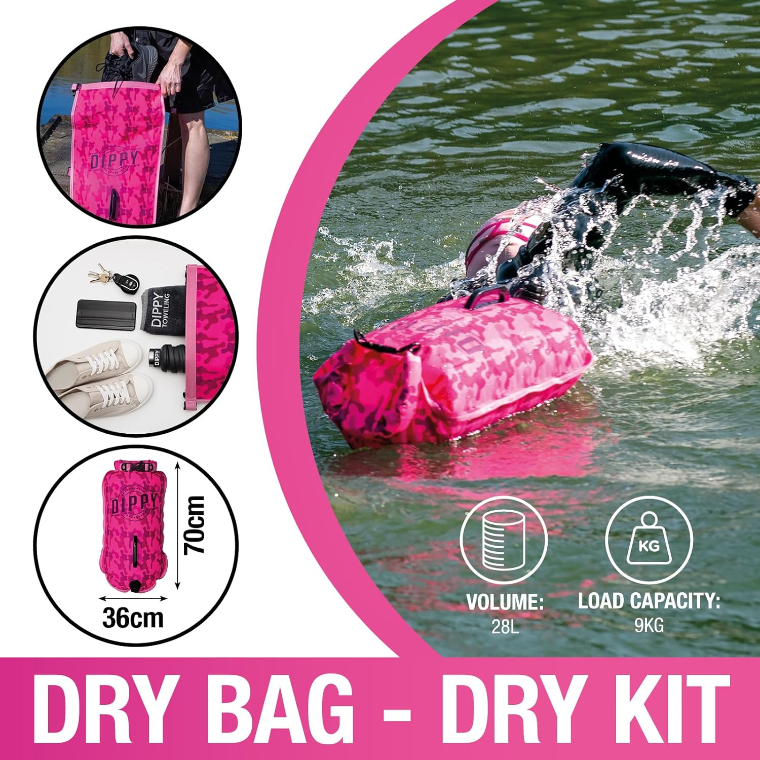 DIPPY Tow Floats for Open Water Swimming | 28L Swim Buoy Open Water Swimming Float | Waterproof Swimming Buoy | Tow Float Dry Bag | Wild Swimming Float | Wild Swimming Accessories (Pink Cammo)
