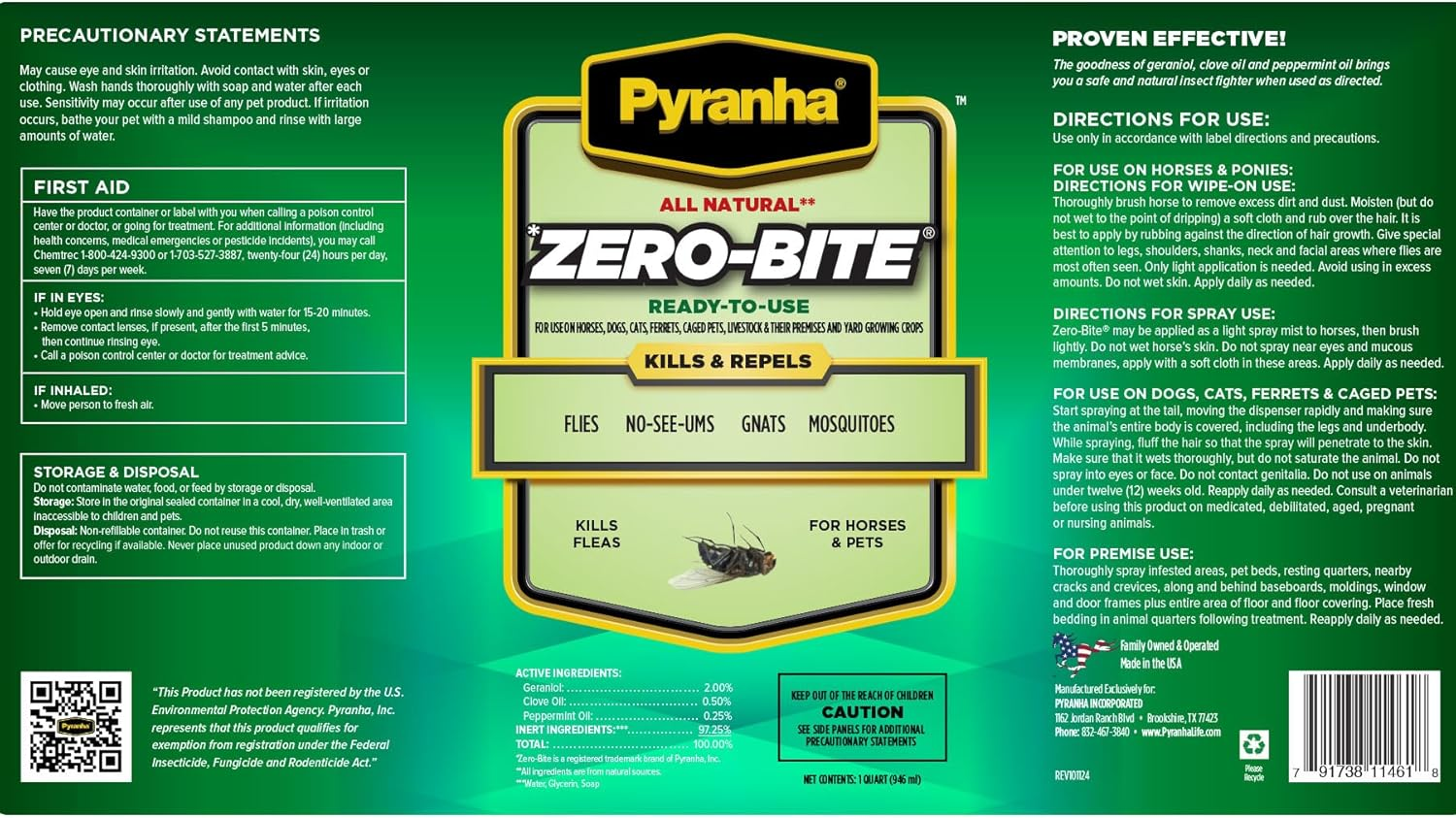 PYRANHA Zero-Bite All Natural Fly Spray - Ready to Use Water Based Repellent for Horses, Dogs, Cats, Ferrets, Caged Pets, Livestock | Kills & Repels Flies, Gnats, Mosquitoes - 1 Quart