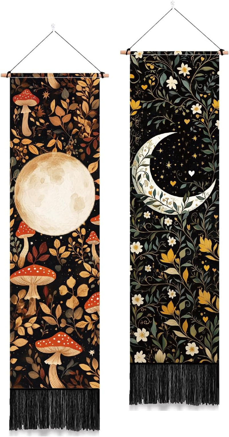 PLIGREAT 2 Pack Moon Tapestry Mushroom and Botanical Tapestry with Tassels Vertical Bohemian Wall Hanging Aesthetic Floral Wall Tapestries for Bedroom Living Room Dorm Room Narrow Home Decor - Blue And Black image number 7
