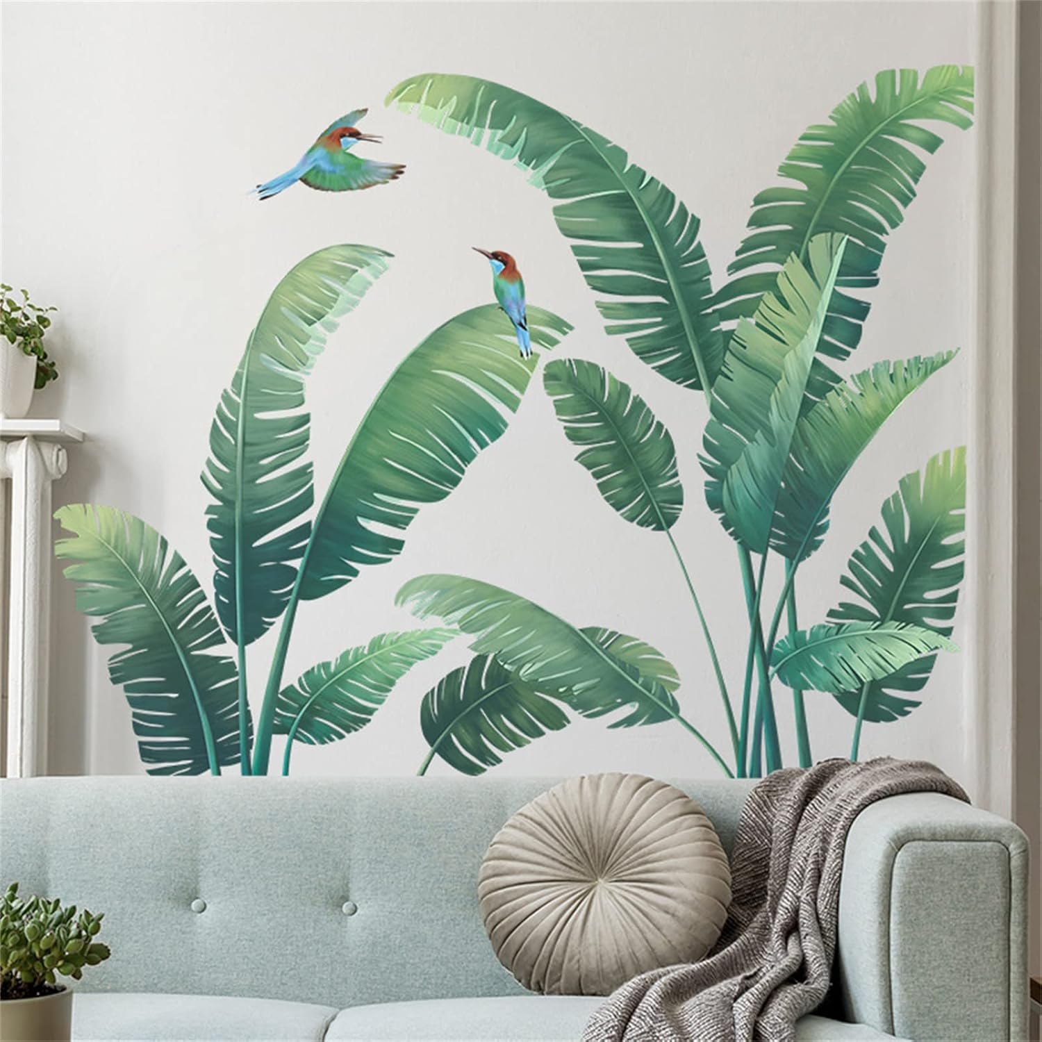 Green Plant Wall Stickers, Tropical Rainforest Monstera Leaf Decal Natural Palm Leaves Nordic Green Leaf Plants Banana Leaf Bird Wall Mural Bedroom Living Room (Green Palm Tree)