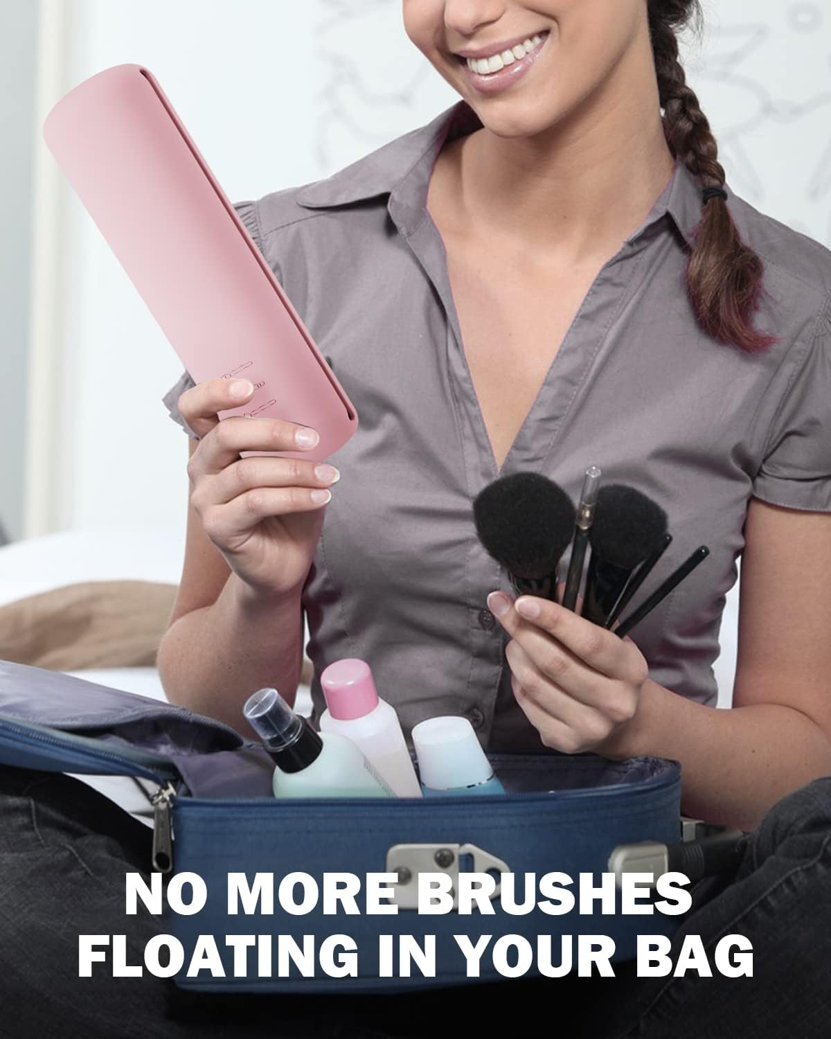 BEZOX Makeup Brush Holder with Magnet Closure - Silicone Make up Brushes Case for Travel &ndash; Portable Cosmetic Brush Organizer Bag - Pink image number 4