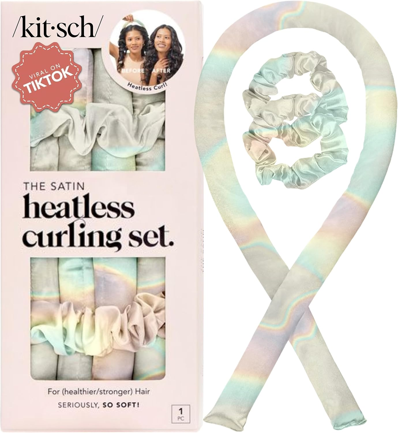 Kitsch Satin Heatless Curling Set - Hair Rollers for Effortless Heatless Curls | Sleep-In Hair Curlers | Includes Hot Rollers & Curling Rod Headband, Achieve Stunning Heatless Hairstyles, Sunsettiedye