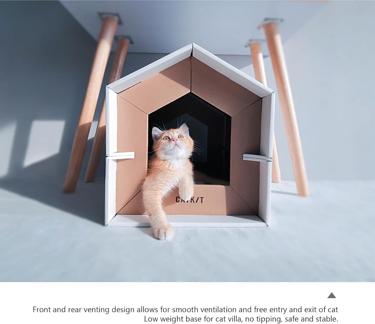 Multi-Functional Japanese-Style Pet Cat Villa Scratcher Claw Grinder Paper House (White Wall Yellow Door White Curtain) image number 4