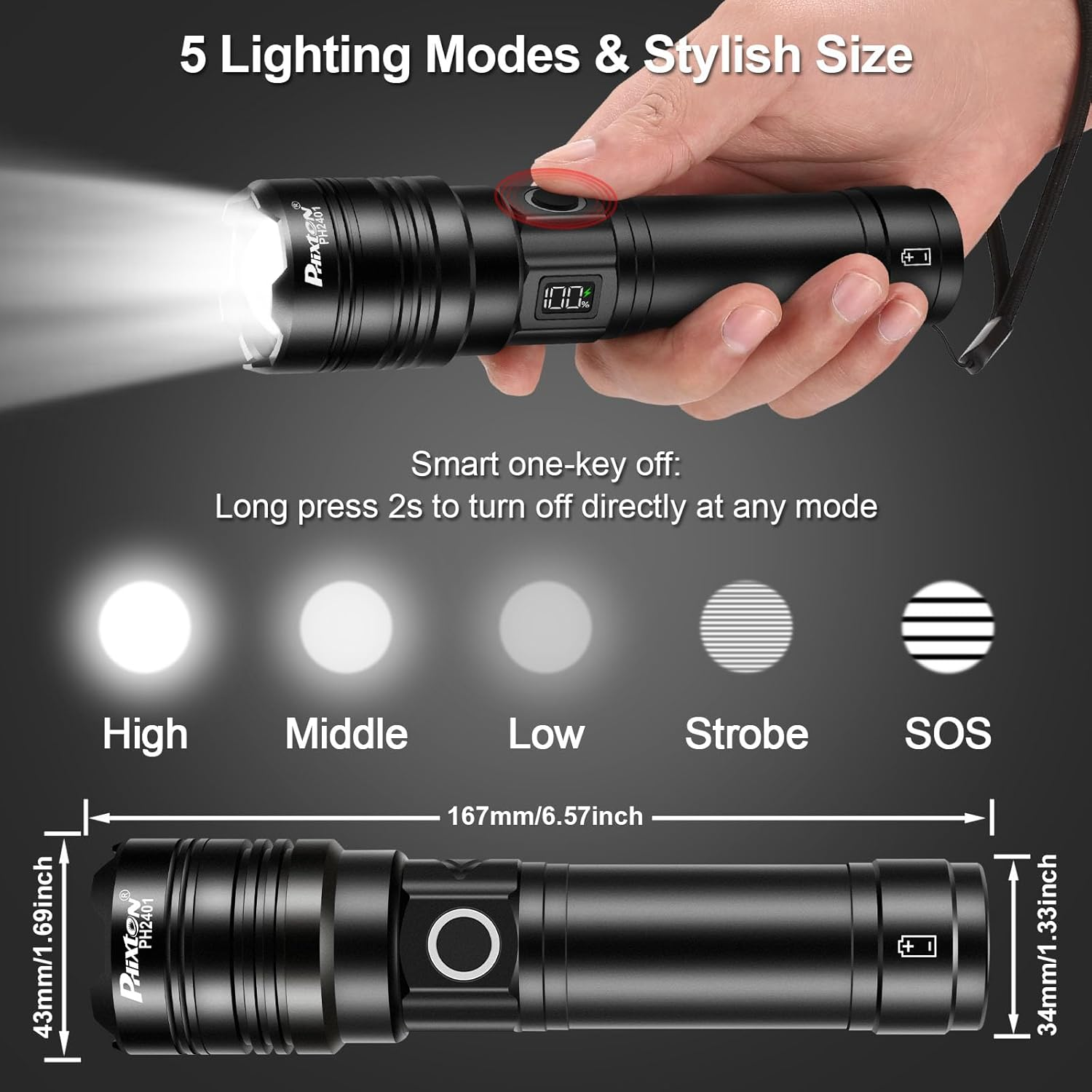 PHIXTON Rechargeable Flashlight High Lumens, PH2401 image number 2