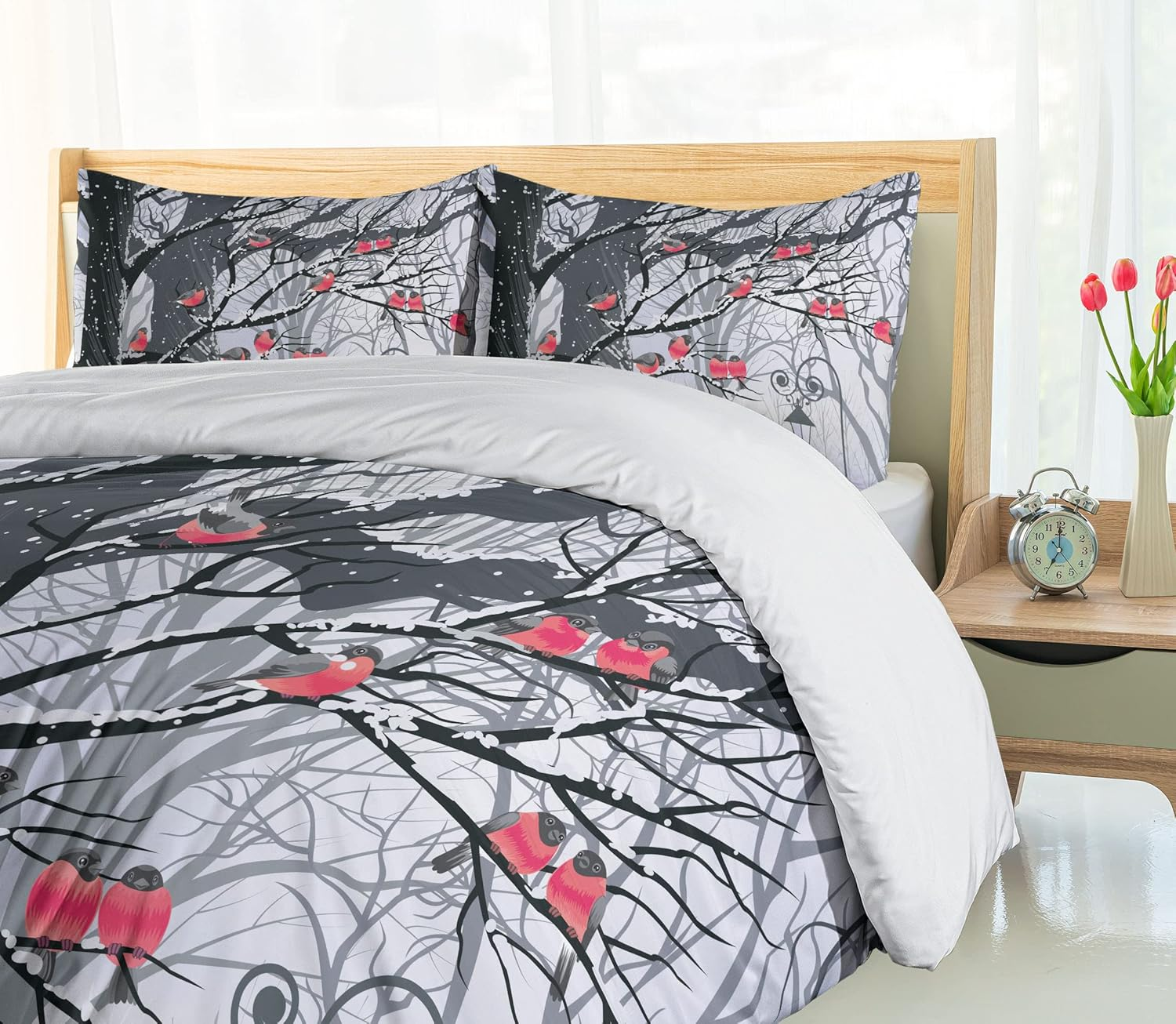 Winter Duvet Cover Set King Size by Ambesonne Cute Bullfinches on Trees Winter City Park Snow Cold Weather Immigrant Birds Design Decorative 3 Piece Bedding Set with 2 Pillow Shams Grey Coral image number 5