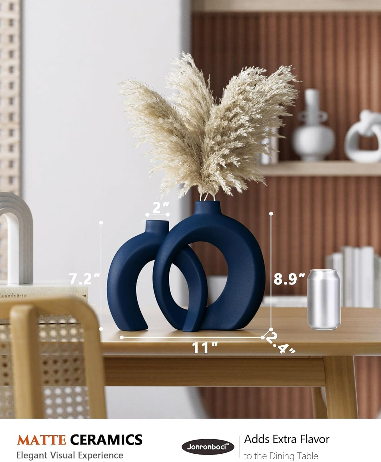 Matte Ceramic Blue Vase Set of 2 - Snuggle Hollow Navy Blue Decor for Living Room, Vases Home Decor for Coffee Table Sofa Table Entrance Shelf or Console Fireplace Mantel Decor (Matte Navy Blue) - Matte Cream White image number 7