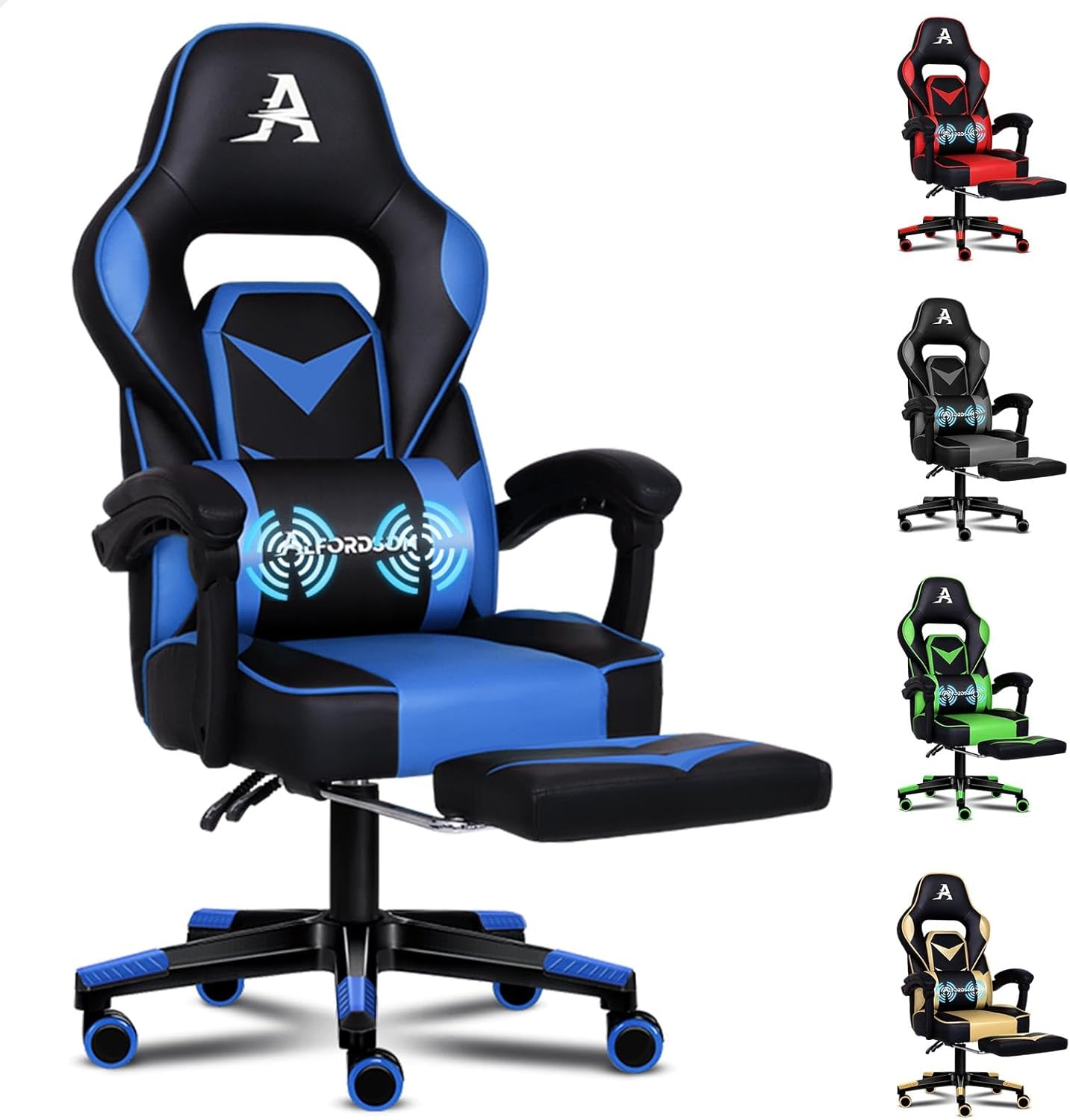 ALFORDSON Gordon Gold Video Gaming Chair with 2-Point Massage, Armrest Headrest, PU Leather Racing Sport Chair with Footrest, High Back Home Executive Office Study Seater