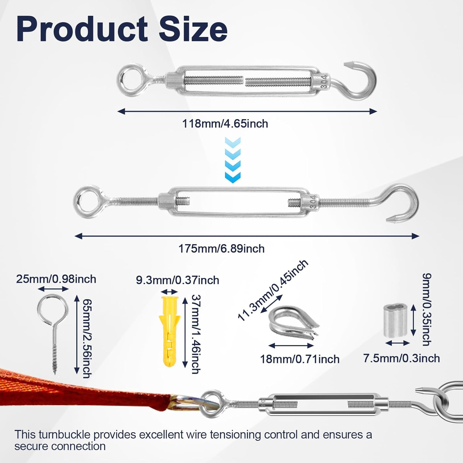 Wire Rope Kit Stainless Steel 304 Marine Grade Cable Railing Kit, Heavy Duty Aircraft Wire Rope & Picture Suspension Kits for Gardens Railing Decking, Boat Hardware (30M/98Ft) image number 4