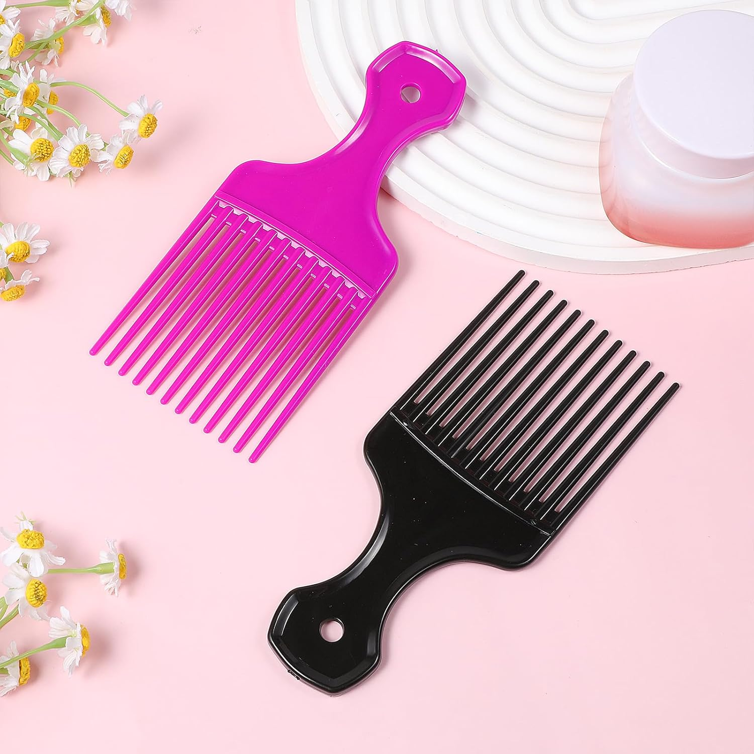 Hair Picks for Women, 2 Pcs Wide Tooth Afro Pick Plastic Pick Comb Hairdressing Styling Tool for Women and Men Curly Hair Detangling (Black, Purple) image number 1