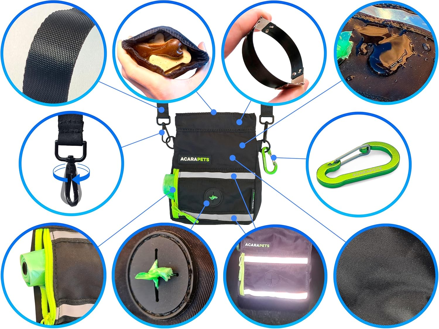 ACARAPETS Dog Training Bag Dog Food Treat Treat Automatic Seal Poop Bag (Gift Roll) Zipper Pocket Carabiner Reflective Waterproof image number 3