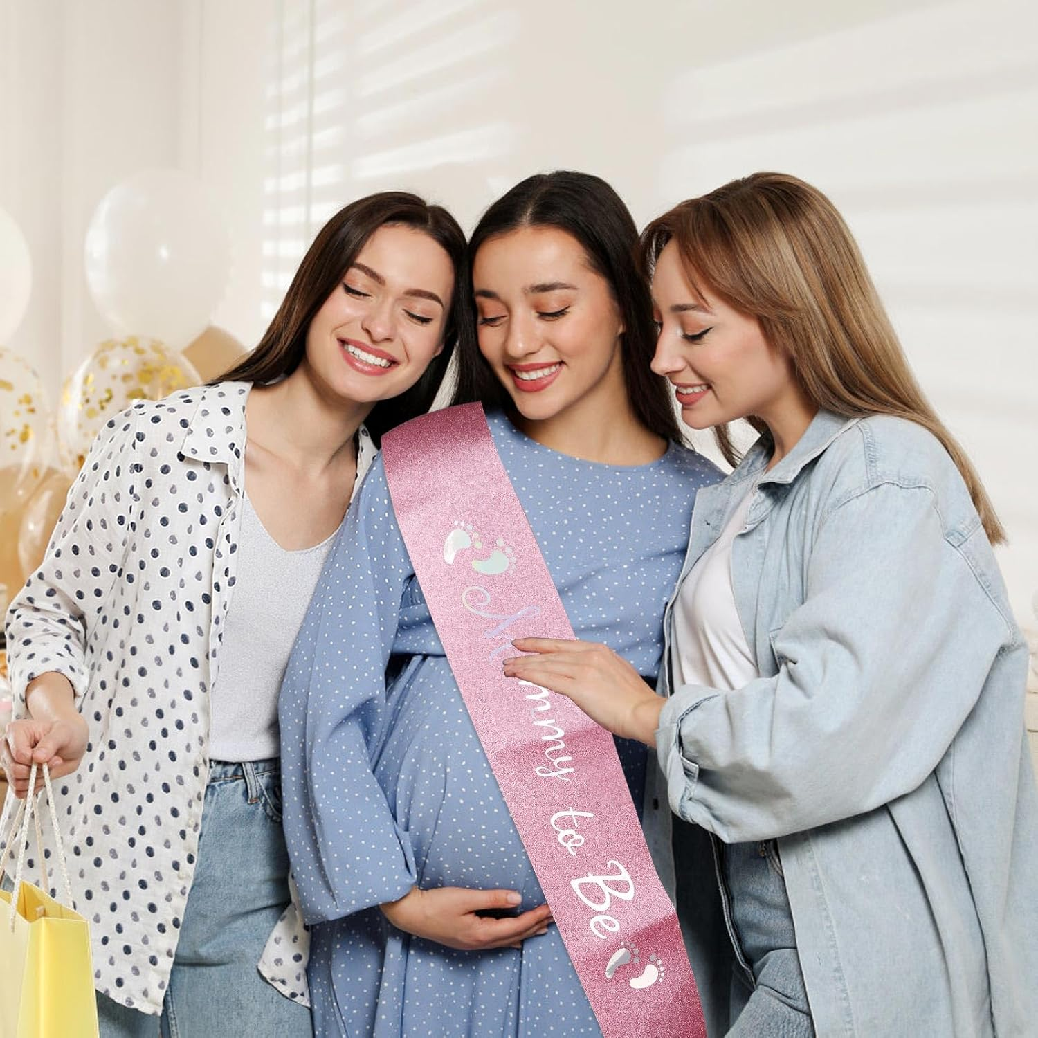 Mother to Be Party Decorations, Mother to Be Sash Hairband Pin Kit Pink Gentle Baby Shower Sash for Mommy Glittering Sash Rhinestone Mother to Be Hairband Pin for Baby Shower image number 2