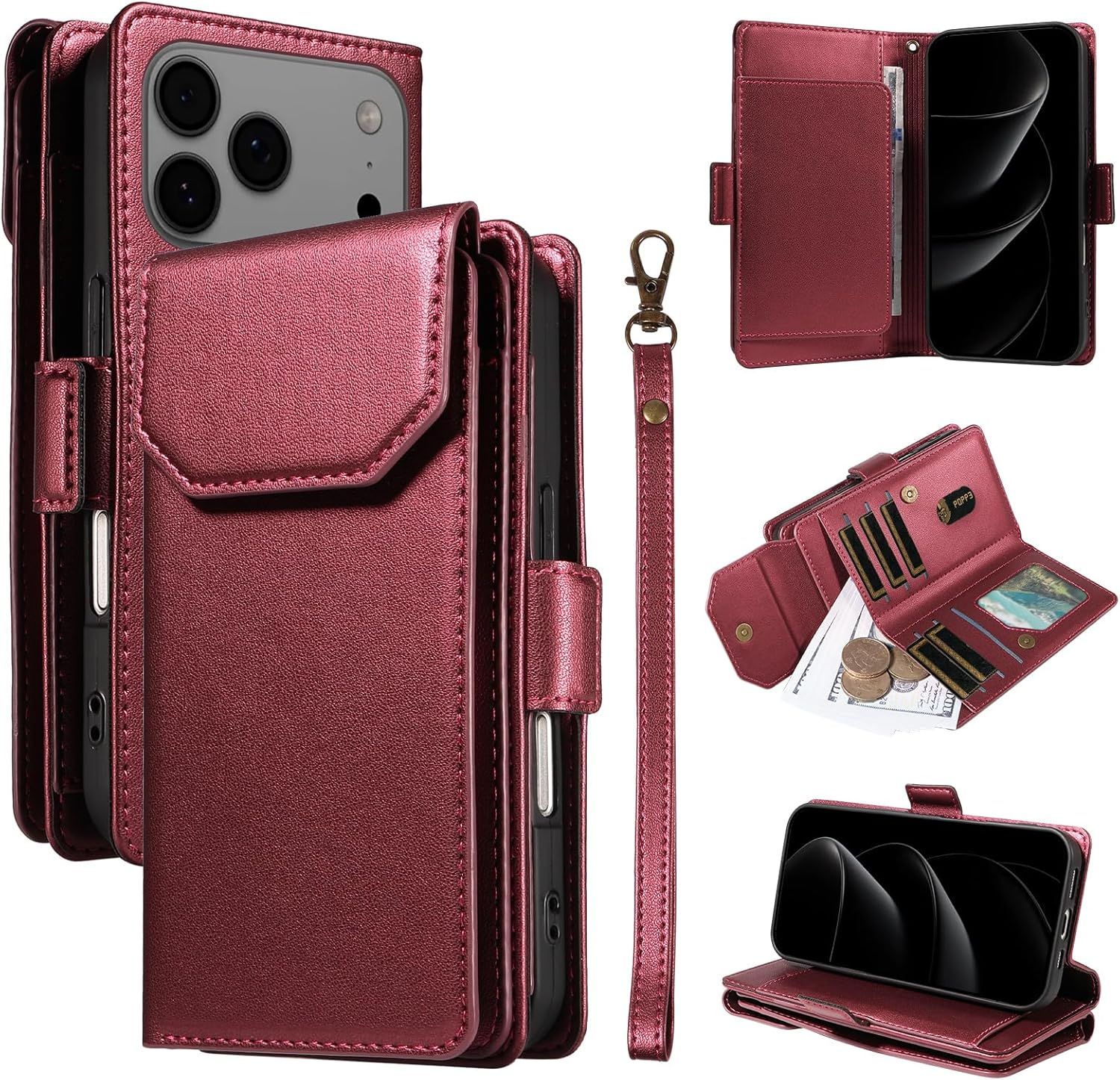 For Iphone 17 Pro Wallet Case with Card Holders Money Slots Wrist Strap,For Iphone 17 Pro Leather Folio Flip Case Kickstand Phone Cover-Wine Red image number 4