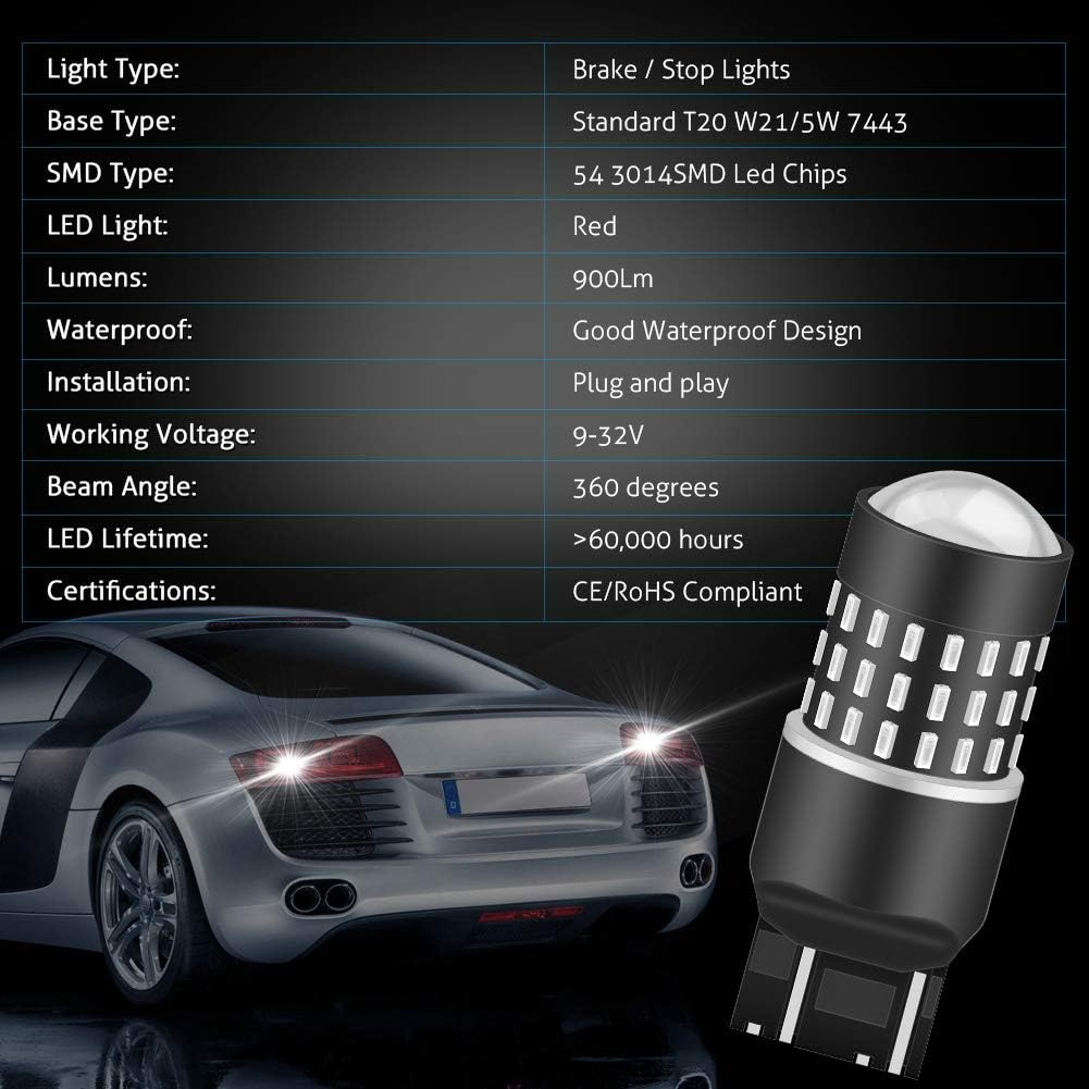 KATUR 7440 7443 7444NA 7441 992 Led Light Bulb High Power 3014 54 Chipsets Super Bright 650 Lumens Replace for Turn Signal Back up Reverse Brake Tail Stop Parking RV Lights,Brilliant Red(Pack of 2) image number 2