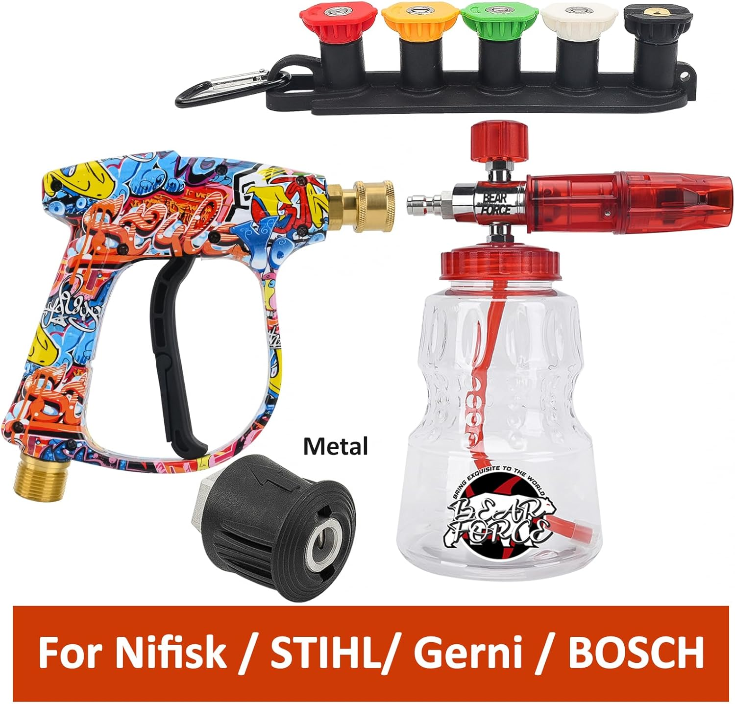 BEAR FORCE Pressure Washer Spray Gun M22- Id14Mm with 6.35Mm Quick Connect Snow Foam Lance & 5 Spray Tips & Clip Nozzle Holder & Converter, Car Wash for Bosch Nilfisk for STIHL image number 1