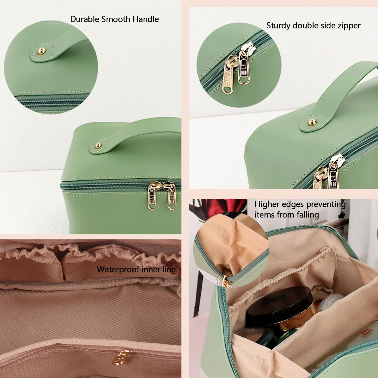 Large Capacity Cosmetic Bag, Travel Cosmetic Storage Bag with Handle, Portable Zipper Cosmetic Bag Toiletry Bag Makeup Bag Large with Compartments for Women Girls, Green, Large Capacity Cosmetic Bag - Blue image number 2