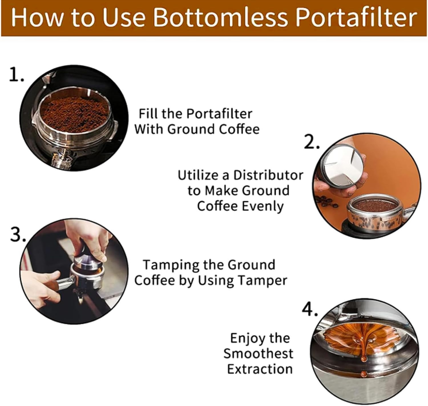 54Mm Bottomless Portafilter with Walnut Handle, Compatible with Breville 8 Series, Bambino, Delonghi EC680/685, CASABREWS, Mr. Coffee &ndash; Includes Filter Baskets, Puck Screen, Spoon & Brush (M) image number 4