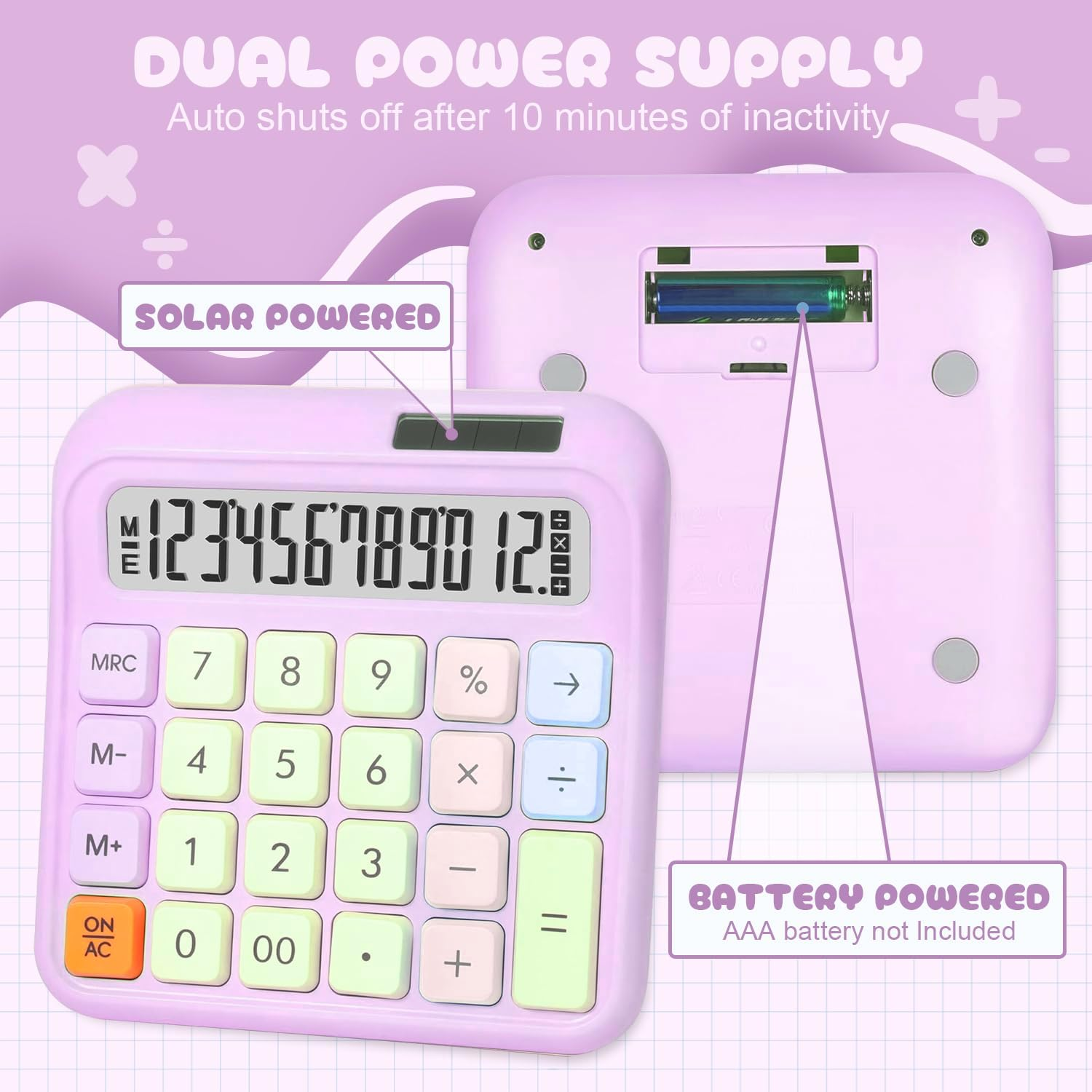 Sonicefit Mechanical Switch Basic Calculator 12 Digits, Solar/Battery Dual Power, Tactile Keys & Large LCD Display, Cute Aesthetic Desktop Calculators for Office School Business Home (Purple) - Blue image number 3