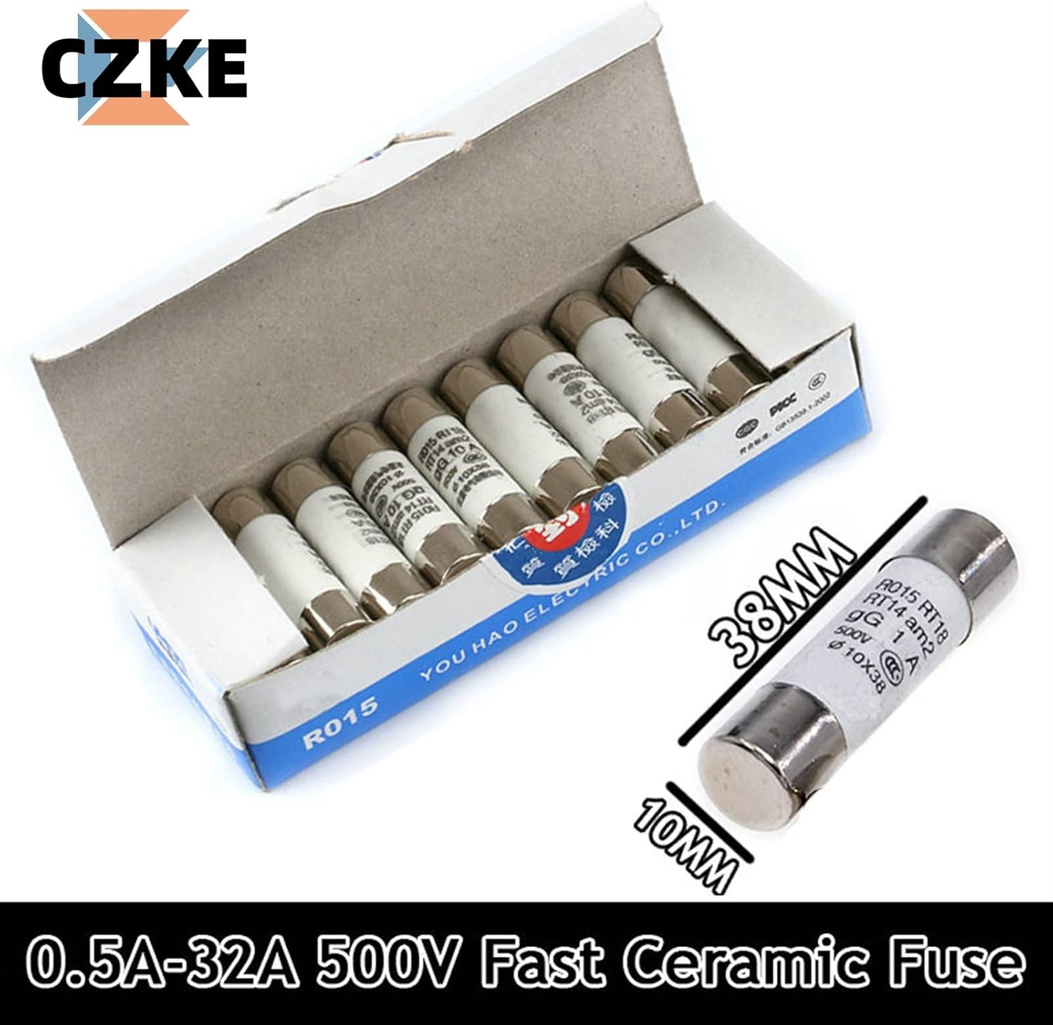 GUMMMY 5Pcs 10 * 38 Fast Blow Ceramic Fuse 10X38Mm Fuse 500V 0.5A 1A 2A 4A 5A 6A 8A 10A 16A 20A 32A RO15 RT18 RT14 (Size : 32A)