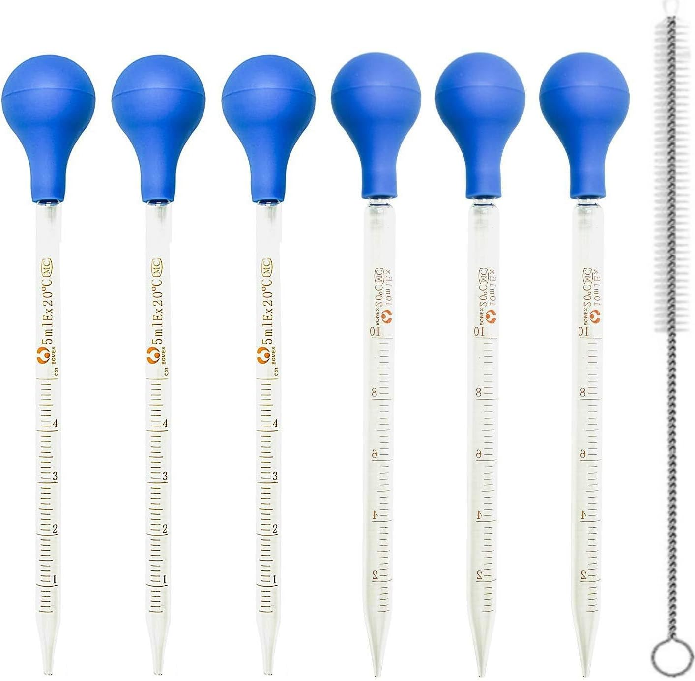 Beiqilian 6 Pieces Glass Pipettes Graduated Dropper, 5Ml/10Ml Glass Pipettes Graduated Dropper,Long Glass Pipette Dropper with 6 Rubber Caps and 1 Pcs Droppers Brush,Used to Transfer Liquids image number 2