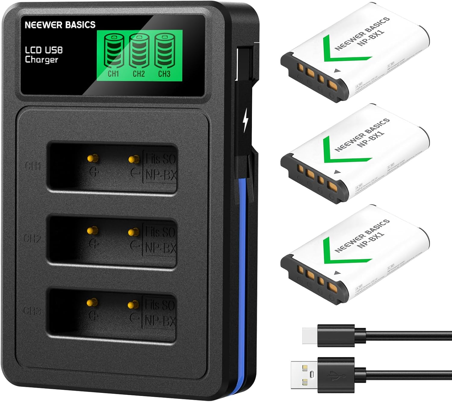 NEEWER Basics 3Pcs NP-BX1 Replacement Batteries with USB Triple Charger, 1090Mah Camera Backup Power Supply Compatible with Sony ZV1 ZV-1 II Cybershot RX100 RX100II RX100M II HDR-AS15 HDR-AS30