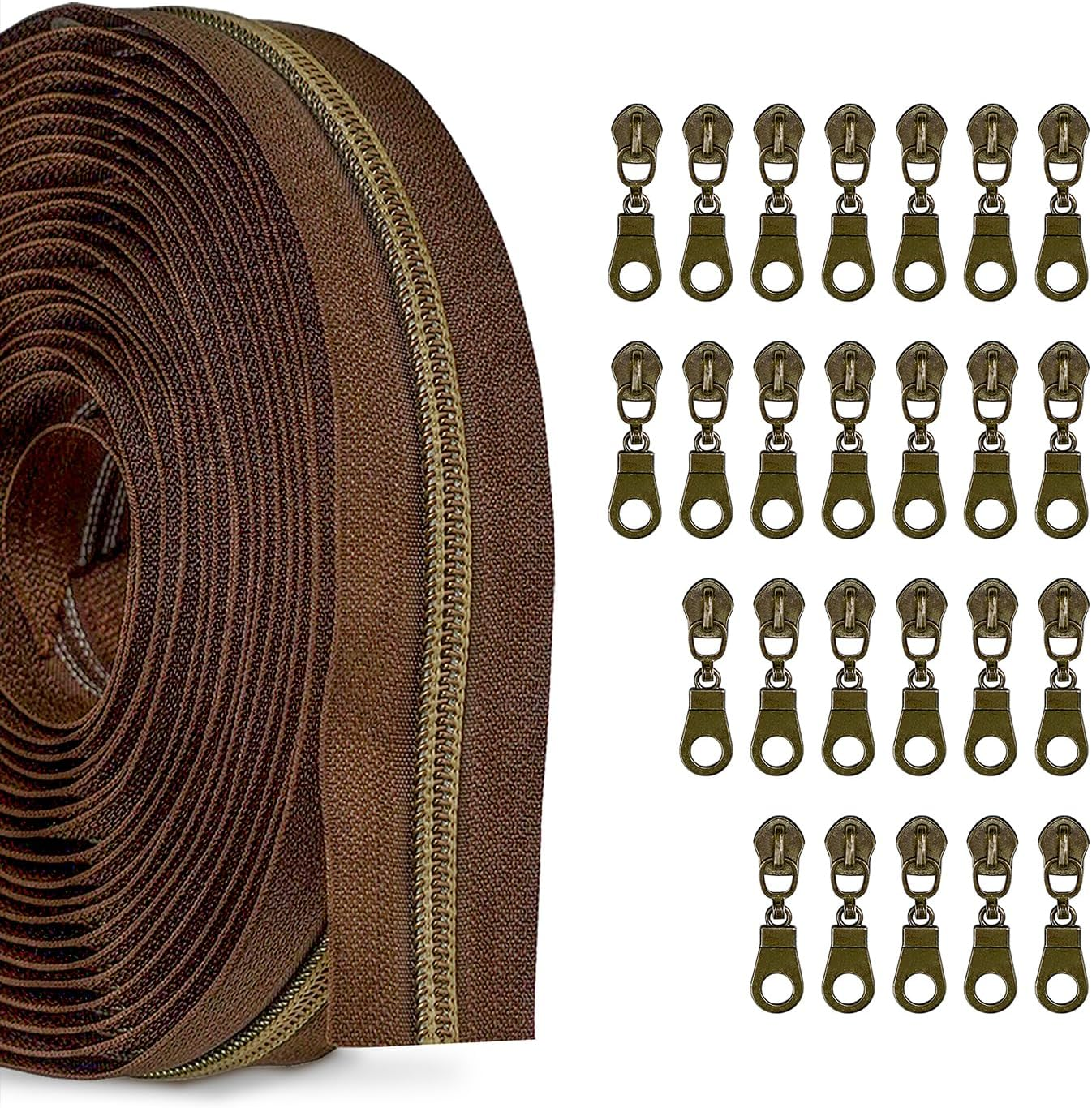 Zynzaoacs #5 Zipper by the Yard with Pulls, Continuous Black Tape (10Yds) and Rust-Proof Gold Metal Pulls (25Pcs), Bulk Zippers for Sewing Bags and Purses, Cuttable Nylon Zipper Roll