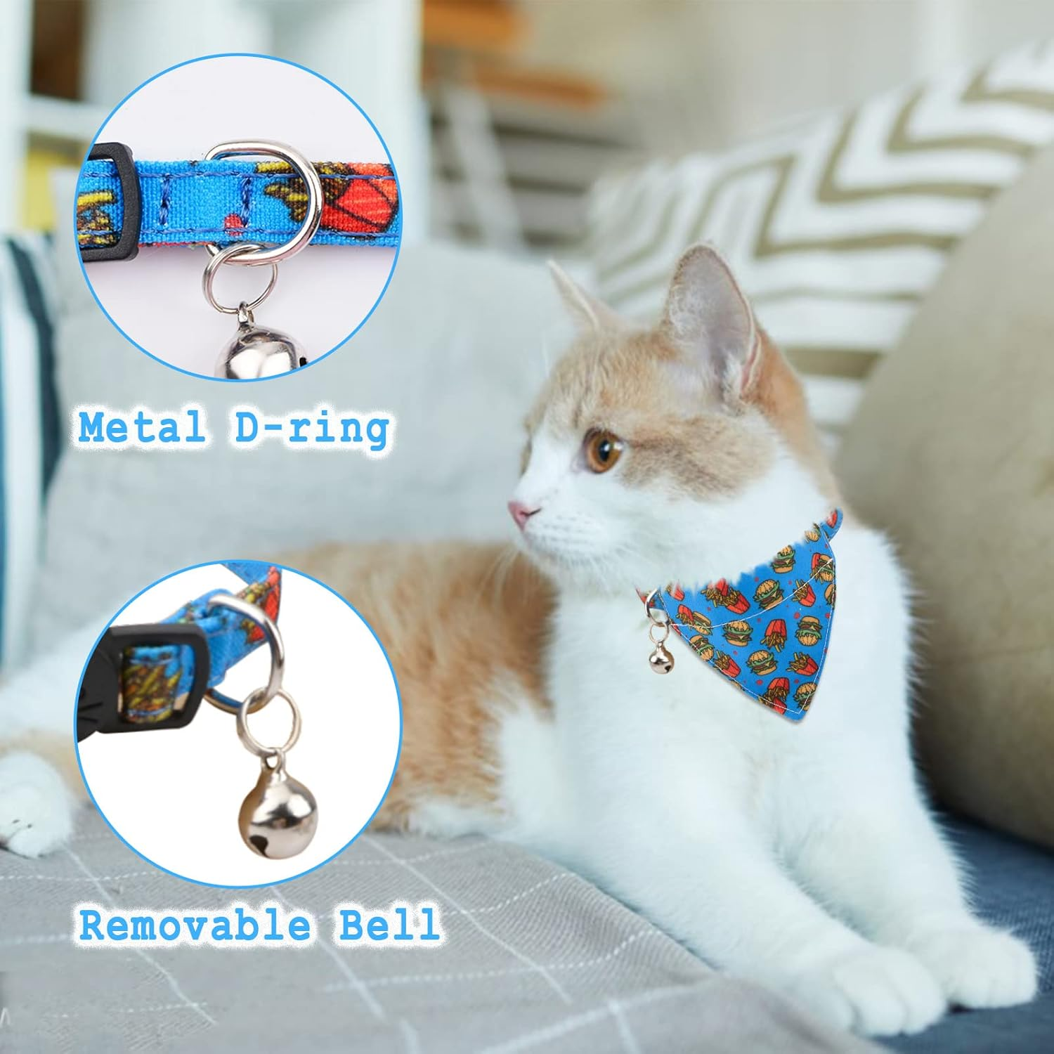 HACRAHO Bow Tie Cat Collar Bandana, Pack of 2 Adjustable Breakaway Cat Collar with Bow Tie and Bell, Removable Bow Tie Bandana for Kittens and Puppies, Hamburger Fries - Pizza image number 4