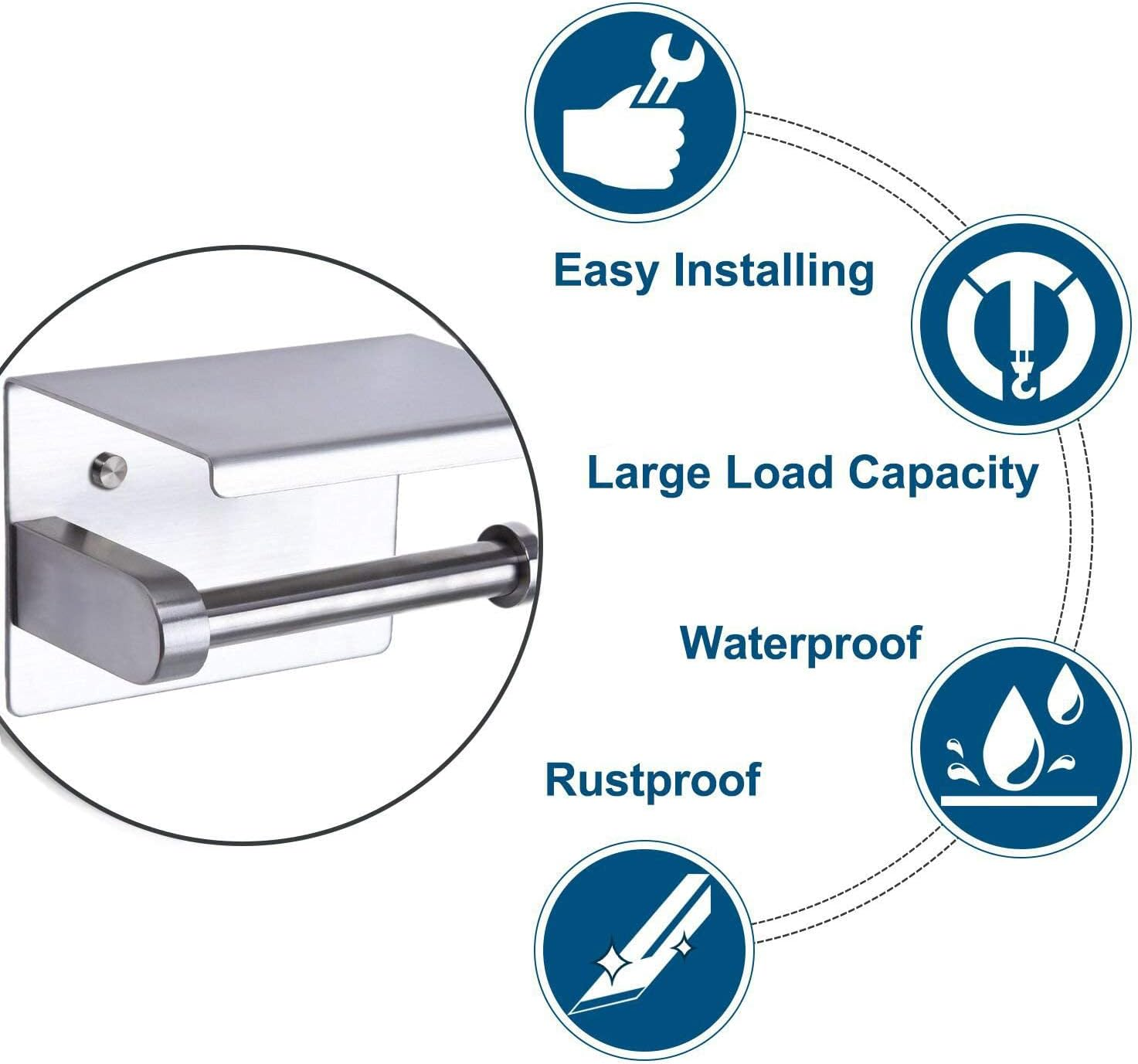 TOWOMO Toilet Paper Roll Holder with Shelf, Two Installation Methods Drill or No Drilling Adhesive Wall Mounted SUS304 Stainless Steel Tissue Dispenser image number 4