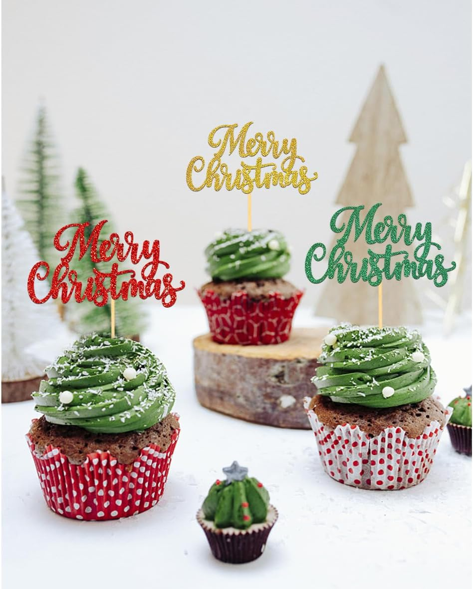 24 PCS Merry Christmas Cupcake Toppers for Christmas Decorations, Christmas Tree Cake Toppers for Christmas Party Supplies (Pattern C) image number 5