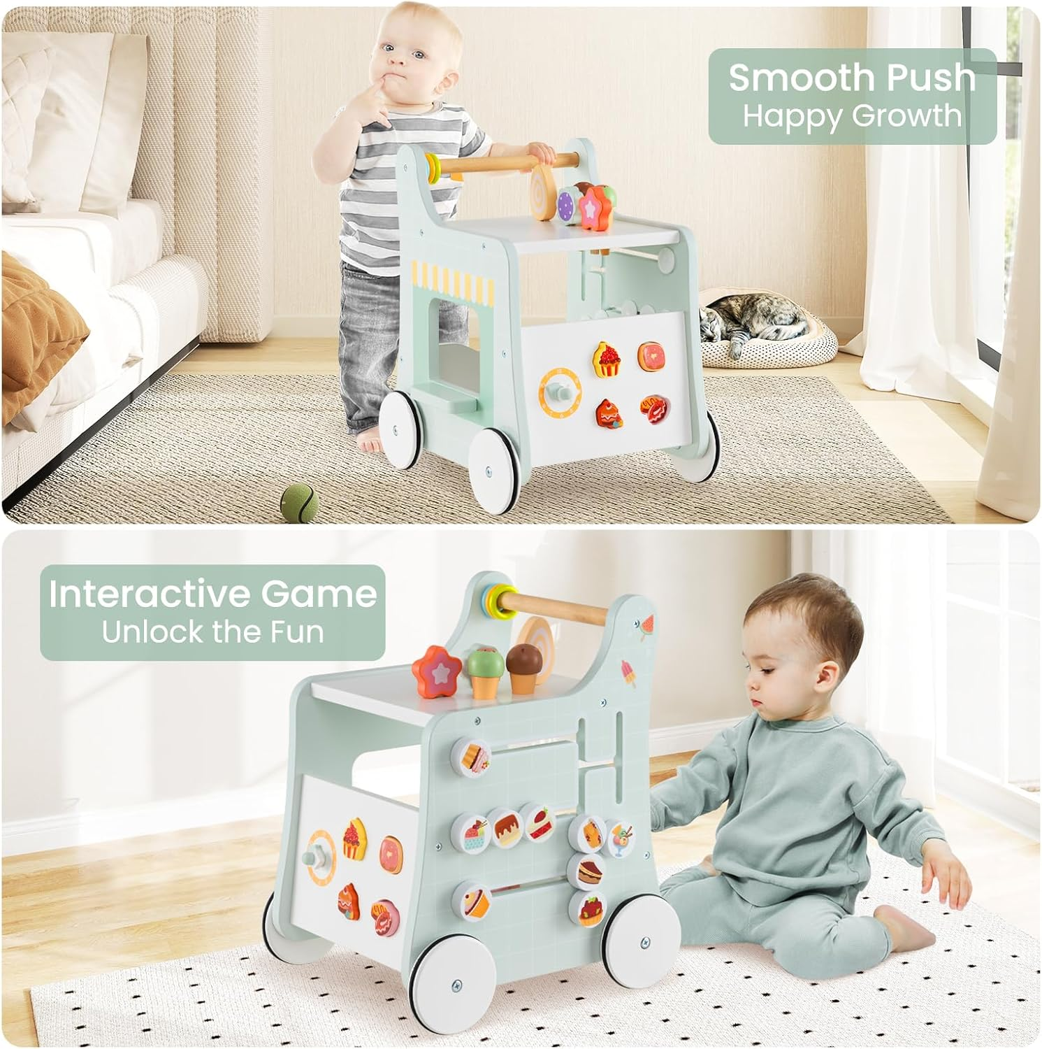 INFANS 6 in 1 Wooden Baby Walker, Play Kitchen Playset, Toddler Push Learning Activity with Wheels Shape Sorter Movable Slider, Montessori Educational Toy for Girls Boys 1-3 Years image number 2