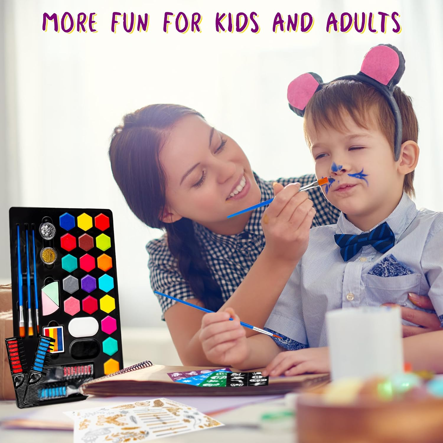 Face Painting Kit for Kids - 20 Colors Water Based Non Toxic Face Paint Kit, Face Painting Kit Professional Includes Hair Chalks,Brushes,Stencils & Tattoos - Party Halloween Christmas Makeup Kit image number 6