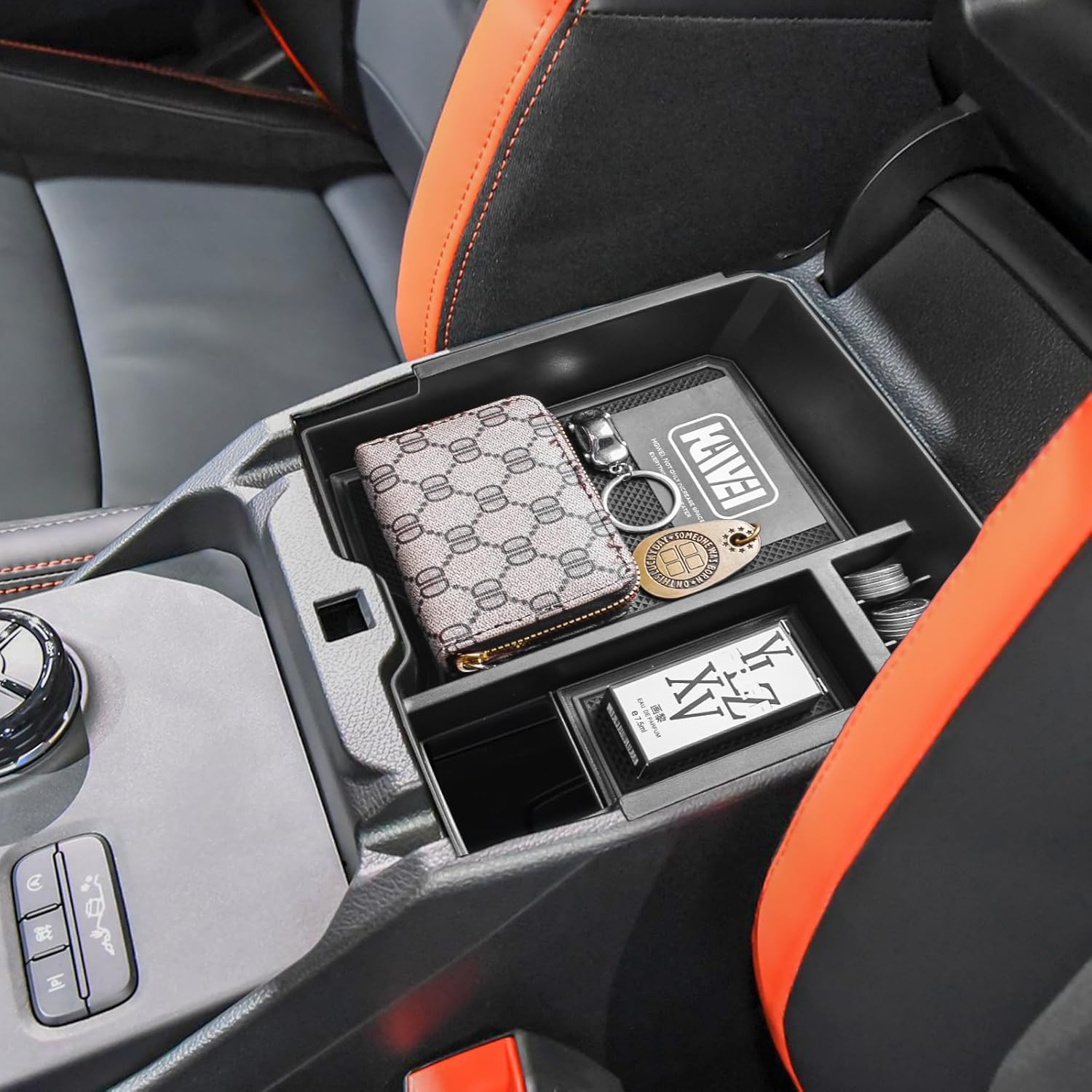 Center Console Organizer Tray Compatible with 2024 2025 Ford Ranger & Ranger Raptor Interior Accessories, Coin Container Armrest Storage Box(Electric Handbrake Version), Black - Black image number 6