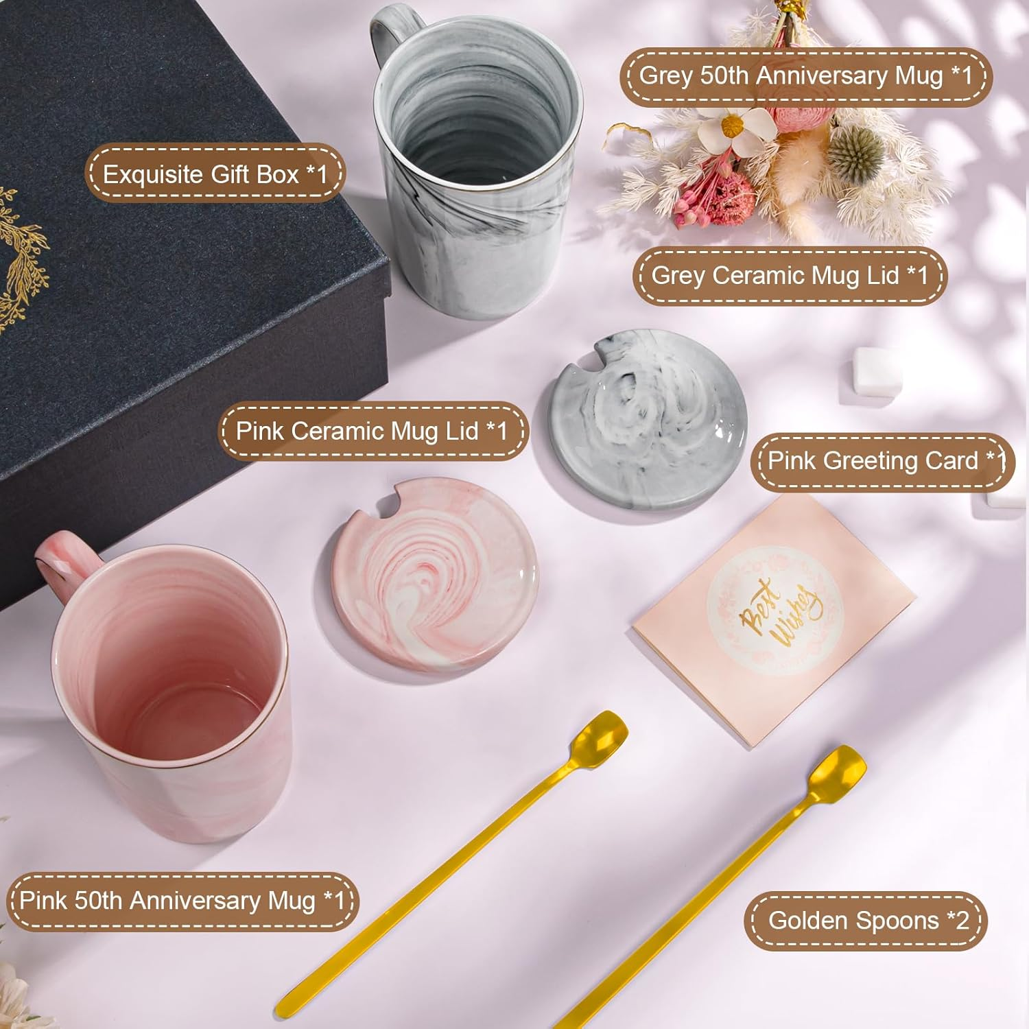 ALBISS 50Th Wedding Anniversary Coffee Mugs Set - 14Oz Golden 50Th Anniversary Cup Gifts for Couples, Parents, Grandparents, Grandpa, Grandma - 50Th Anniversary Decorations Mug in Pink and Grey, Boxed image number 3