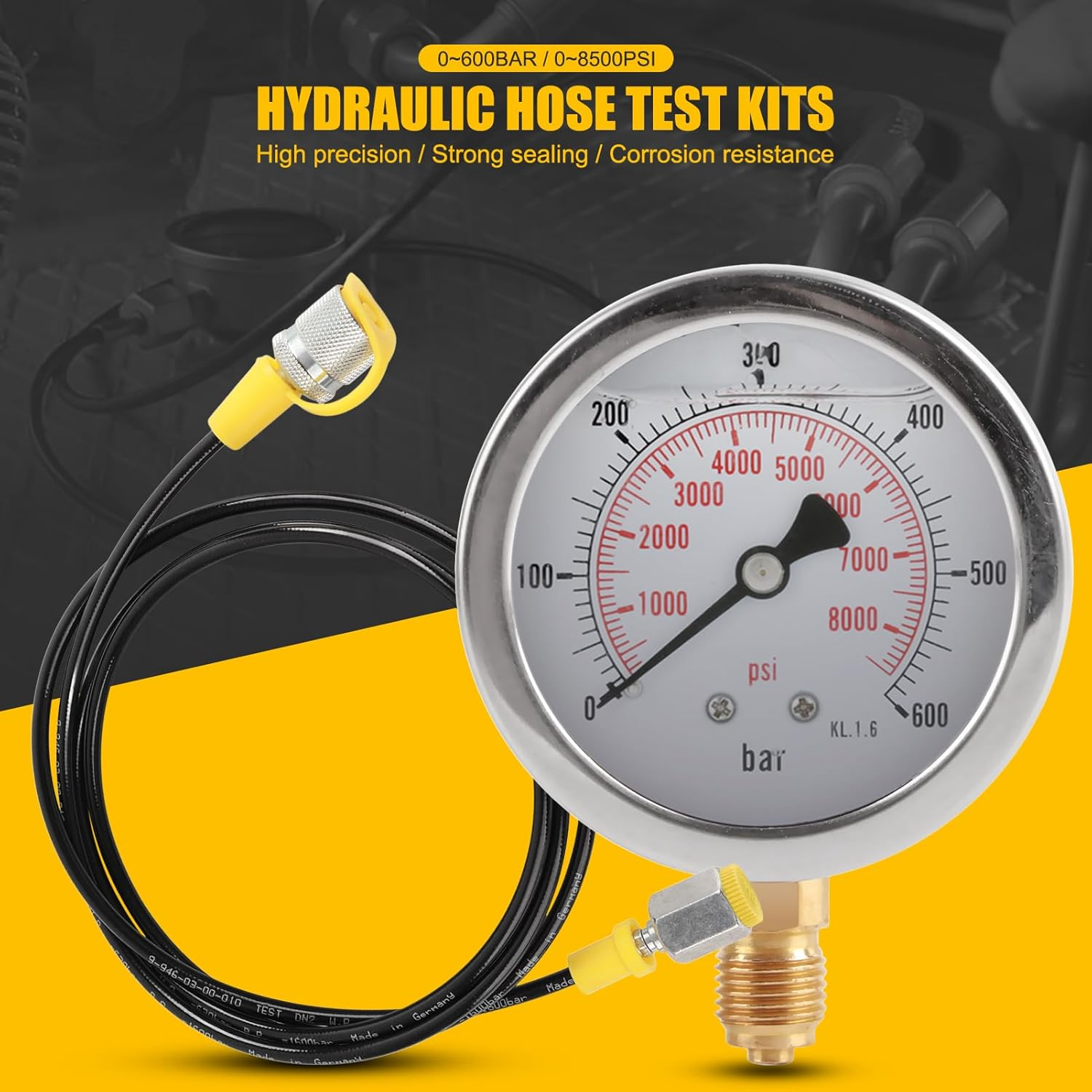 EVTSCAN Hydraulic Pressure Test Kit, with 0 to 600 Bar Pressure Gauge and 4.9Ft High-Pressure Hydraulic Hose, for Machinery, Automotive, Industrial