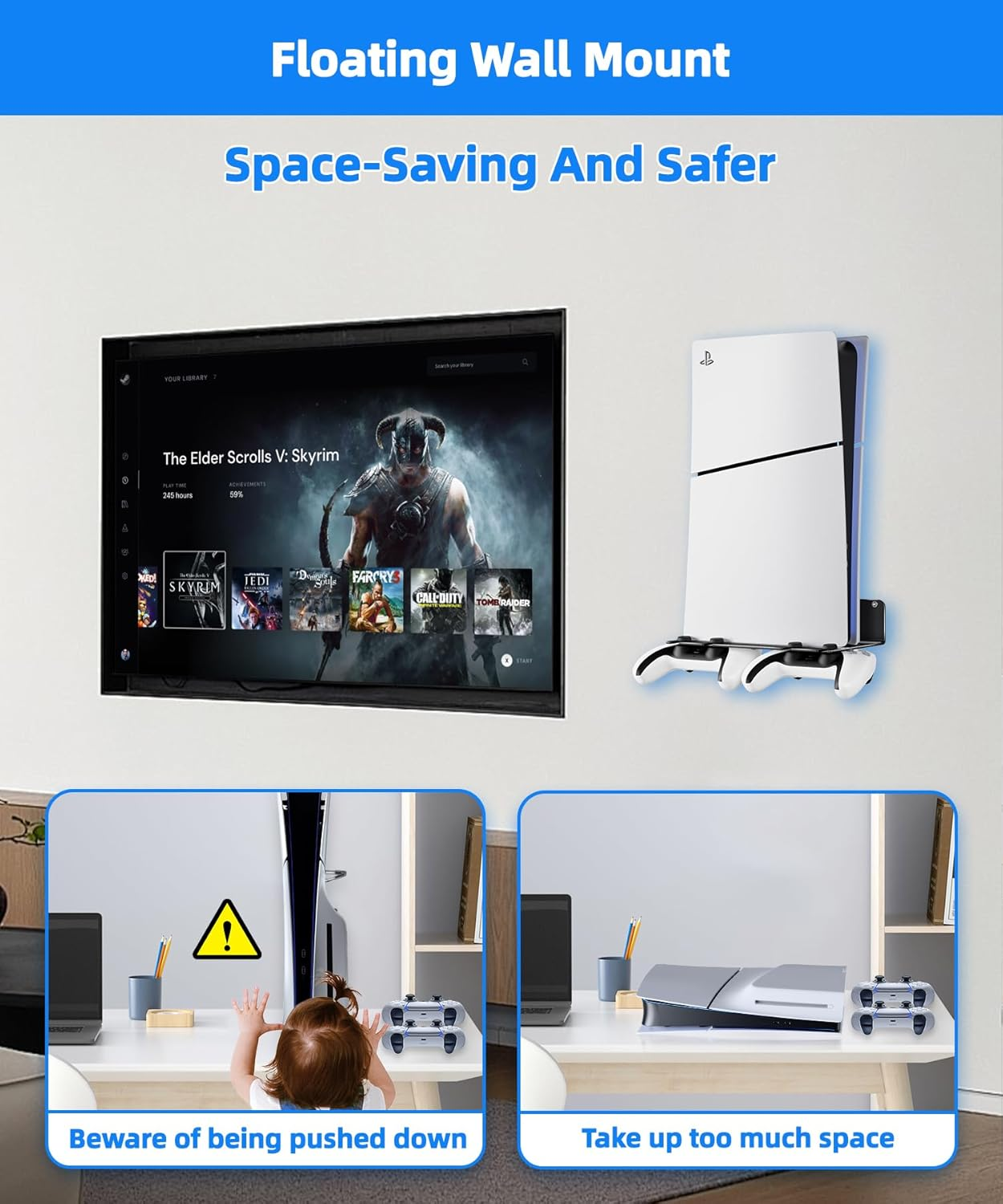 ANSHAWTIY PS5 Wall Mount Aluminum Alloy Compatible with All PS5 Generations Holds Two Controllers Unimpeded Heat Dissipation Ps5 Accessories Universal for Living Room and Bedroom - Black image number 5