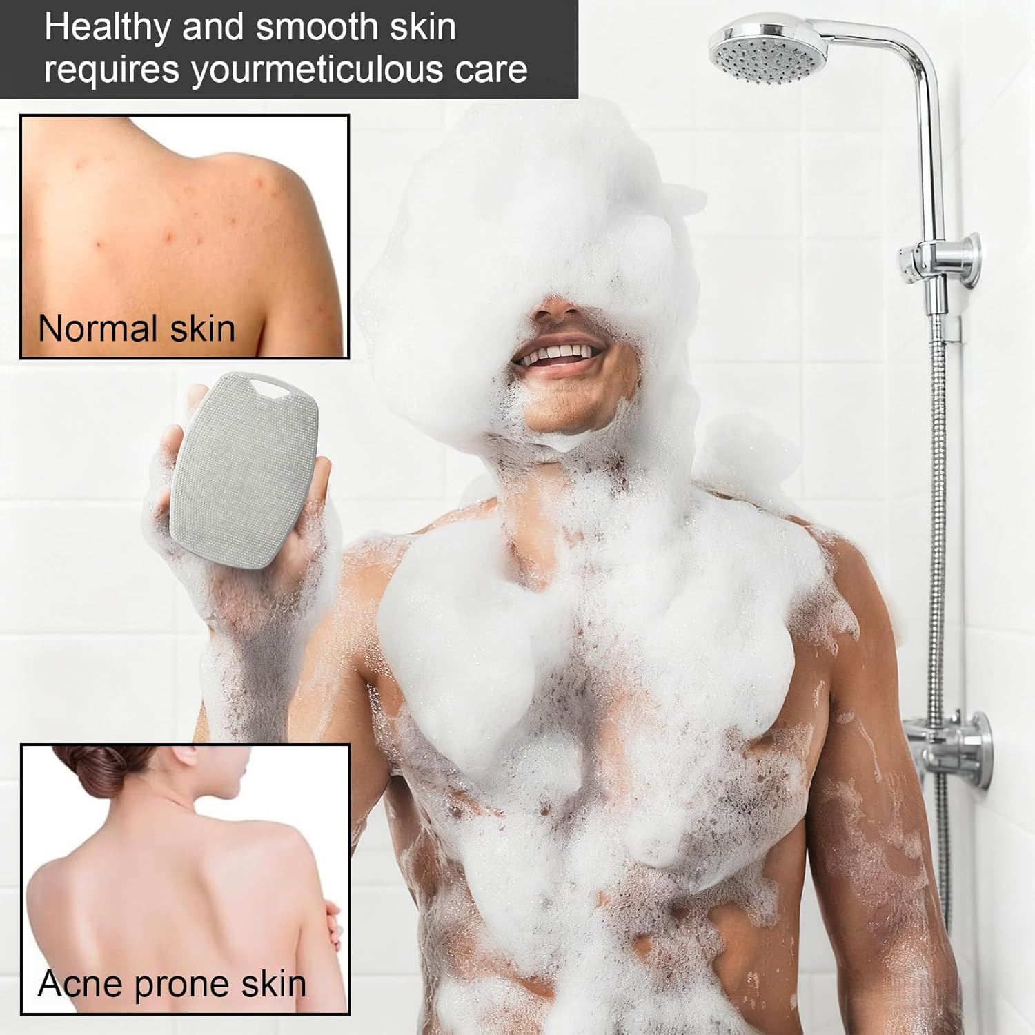 2 Packs Silicone Body Scrubber for Men, Premium Loofah Alternative with Lather Boosting Bristles, Ergonomic No-Slip Handle for Deep Cleaning, Exfoliating(Black ＋Gray)