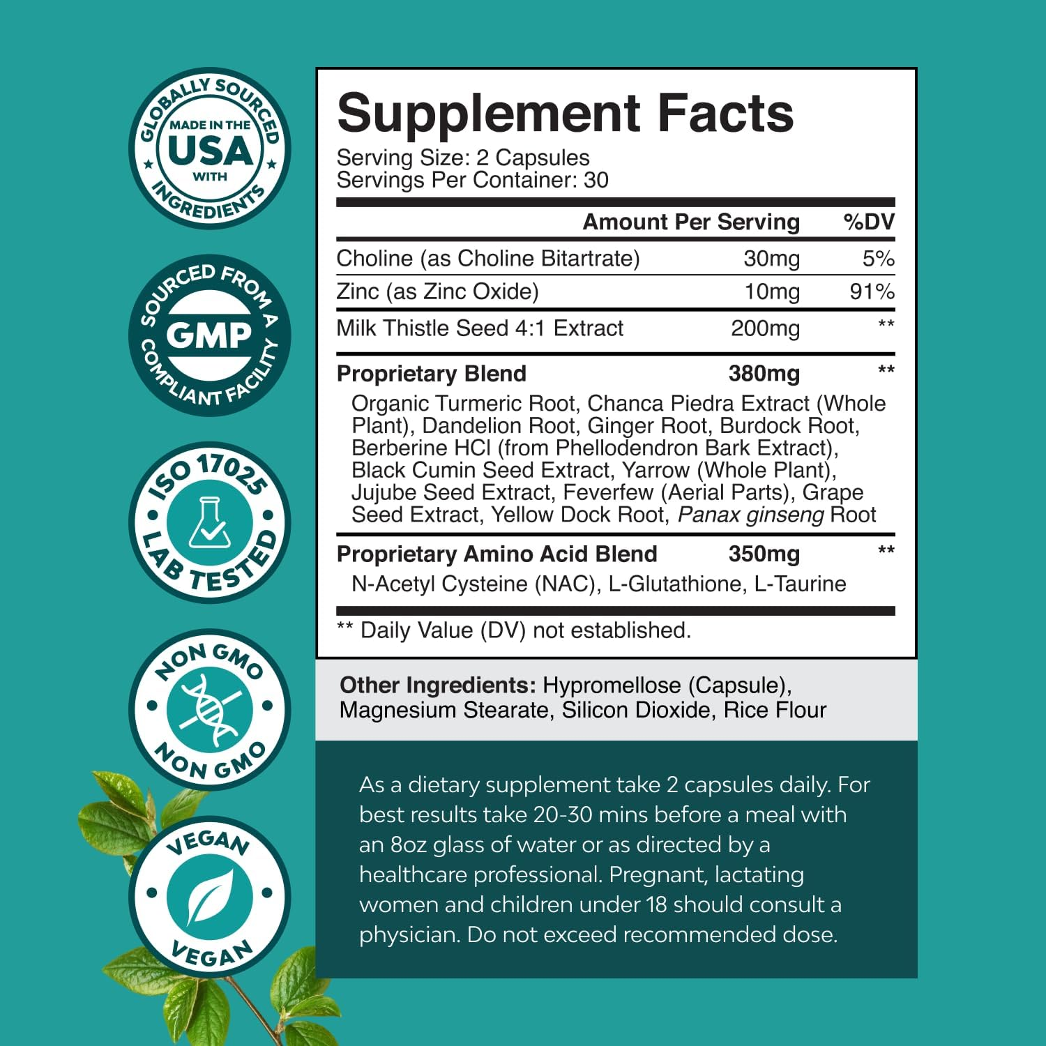 Natures Craft Liver Support Supplement with NAC - Herbal N Acetyl Cysteine Silymarin Milk Thistle Extract Dandelion Root Artichoke Choline Bitartrate and Berberine for Cleanse