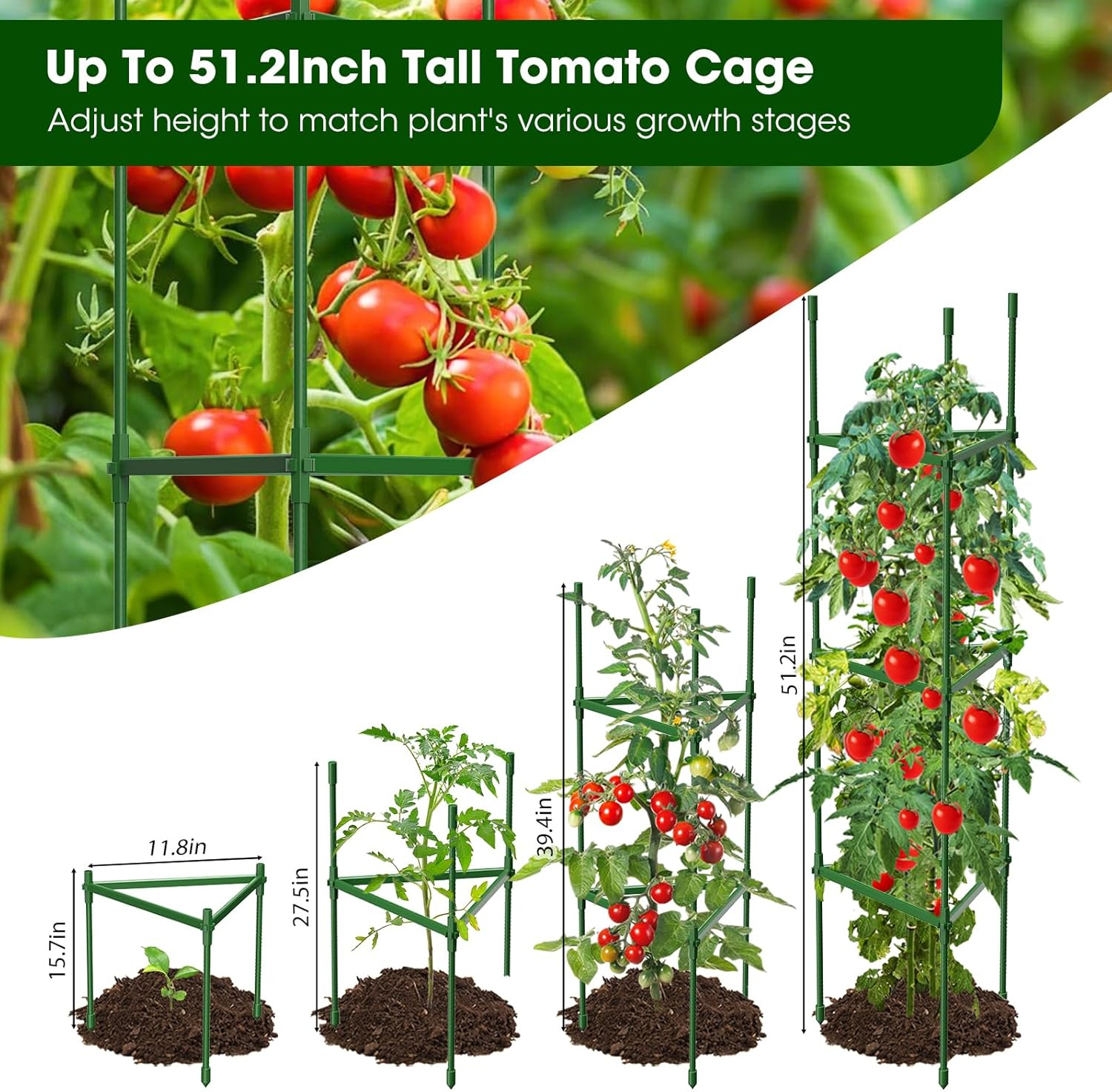 MQHUAYU 3 Pack Tomato Cages for Garden,Up to 51.2Inch Tomato Cage Trellis-Upgraded Hexagon Connector,Heavy Duty Adjustable Tomato Stake Support for Raised Garden Bed image number 4